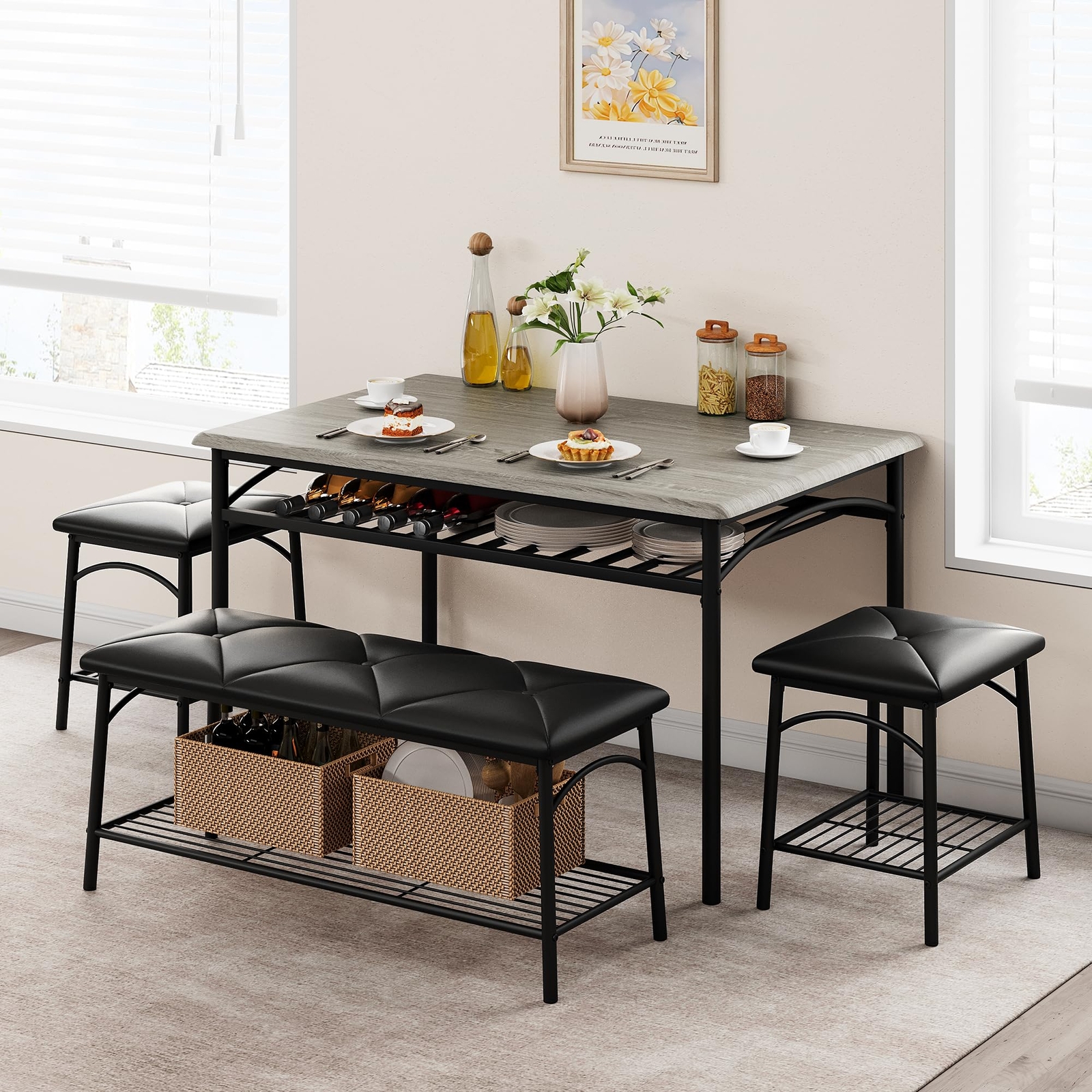 Dining Room Table Set for 4 Kitchen Table with Bench ,Stools & Storage Rack Grey