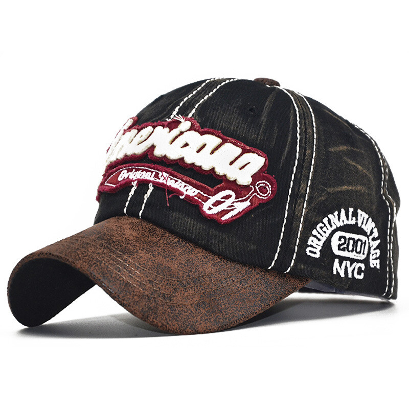 Men Women Baseball Cap PU Washed Cotton 3D Embroidery Hat Visor Cap