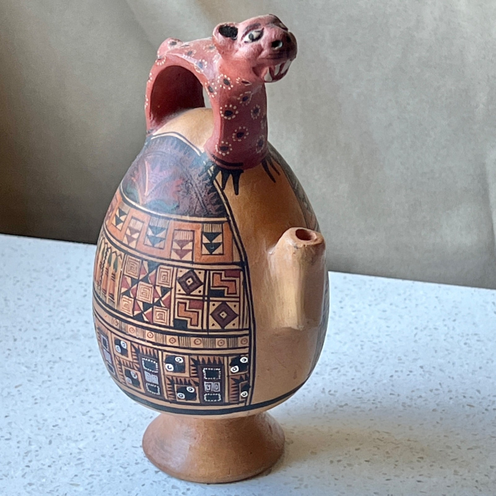 Signed Norma Cuno Ceramic Cadogan Puzzle Jug Huaco Moche Figure Peru Handmade