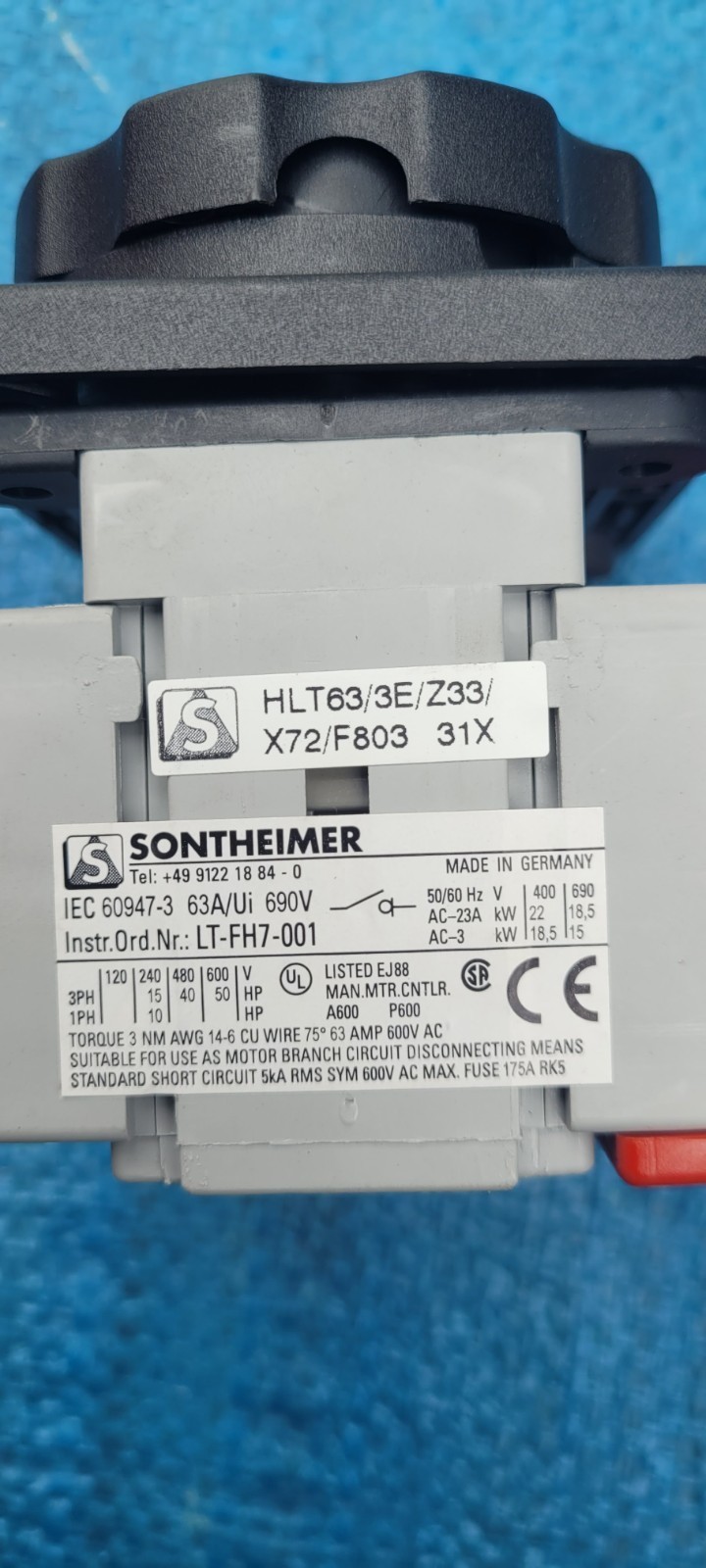 Sontheimer HLT63/3E/Z33/X72/F803 63A Rotary Disconnect Switch LT-FH7-001...