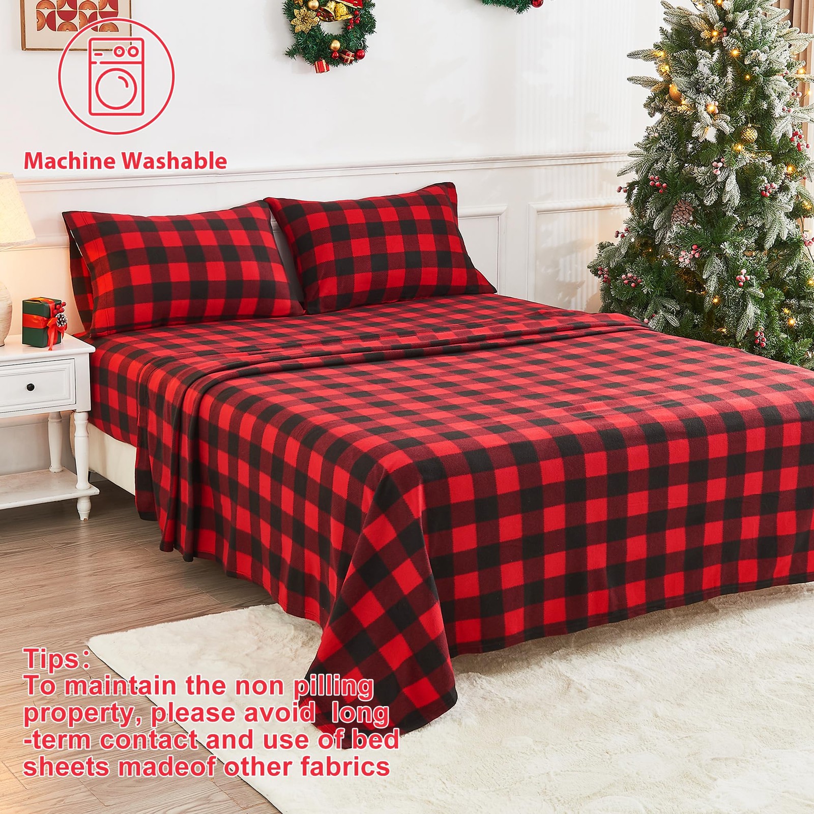 Softan Christmas Fleece Sheets Full Size, Flannel Full, Red Buffalo Plaid