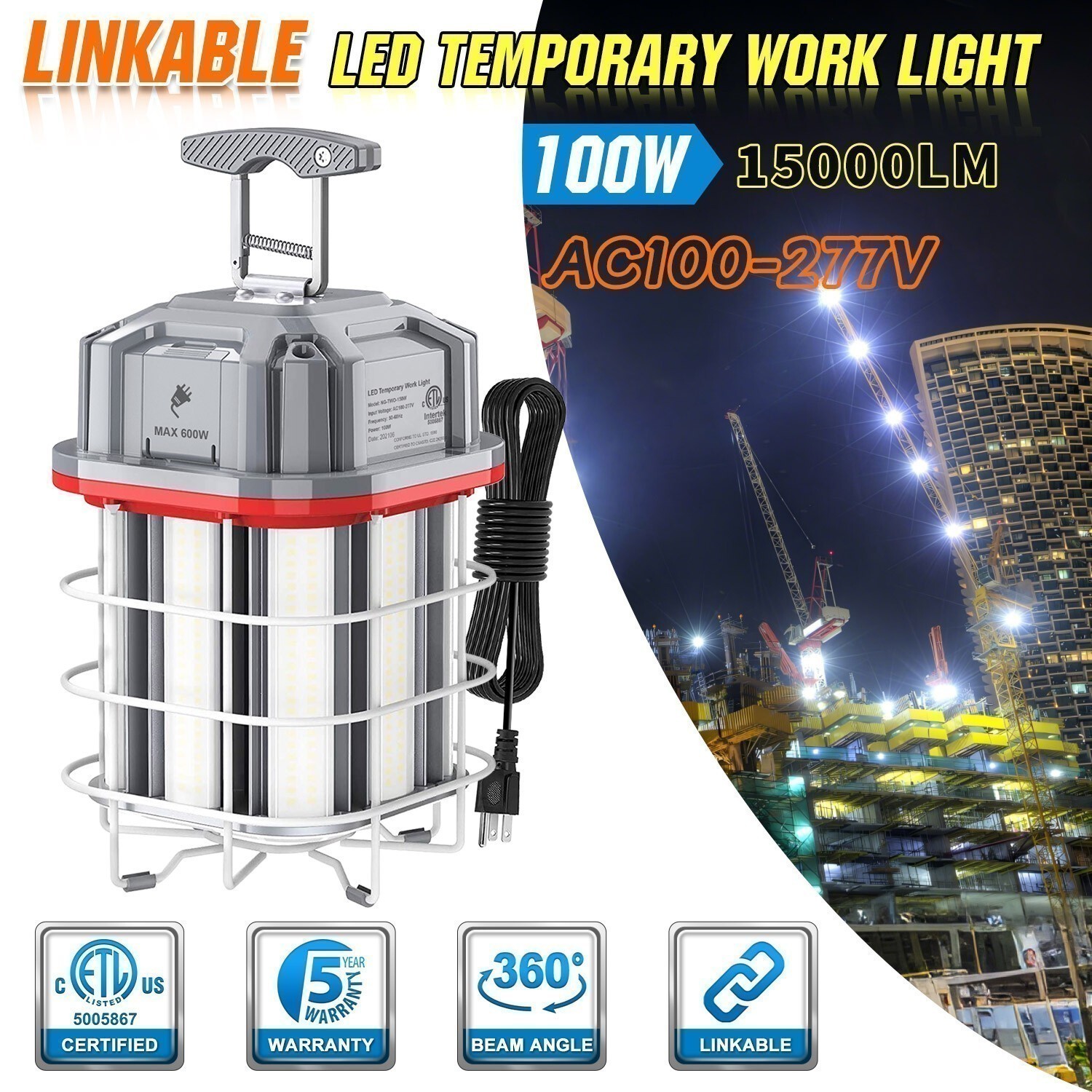 Linkable 100W LED Temporary Work Light 5000K Construction Job Site Lighting ETL