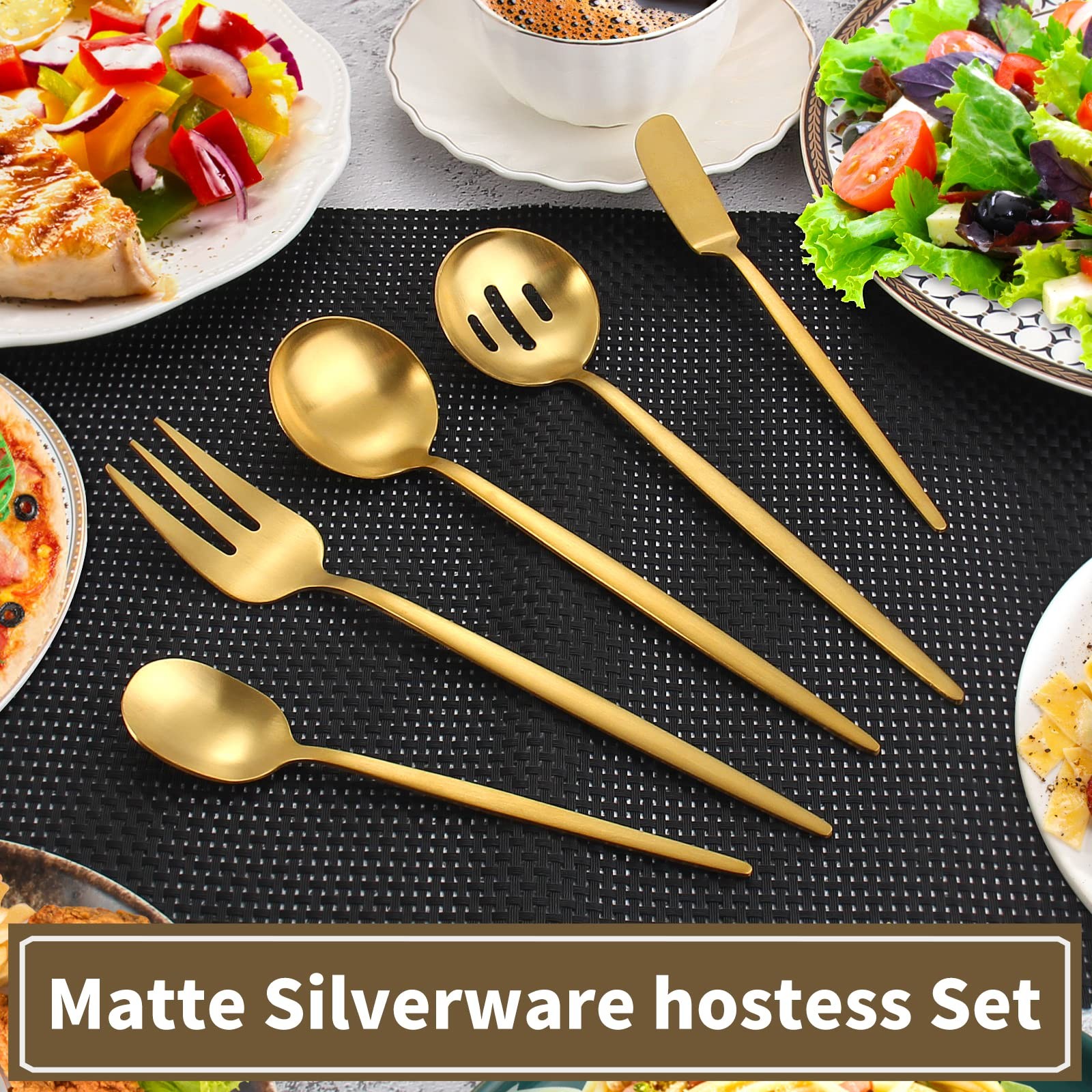 VANVRO Matte Gold Serving Silverware Set, 5-Piece Round Shared Utensils Set o...