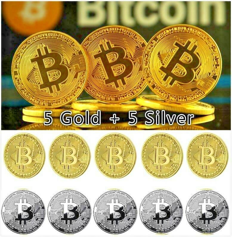 10 Pcs Gold & Silver Bitcoin Coins Commemorative Collectors Gold Plated Bit Coin