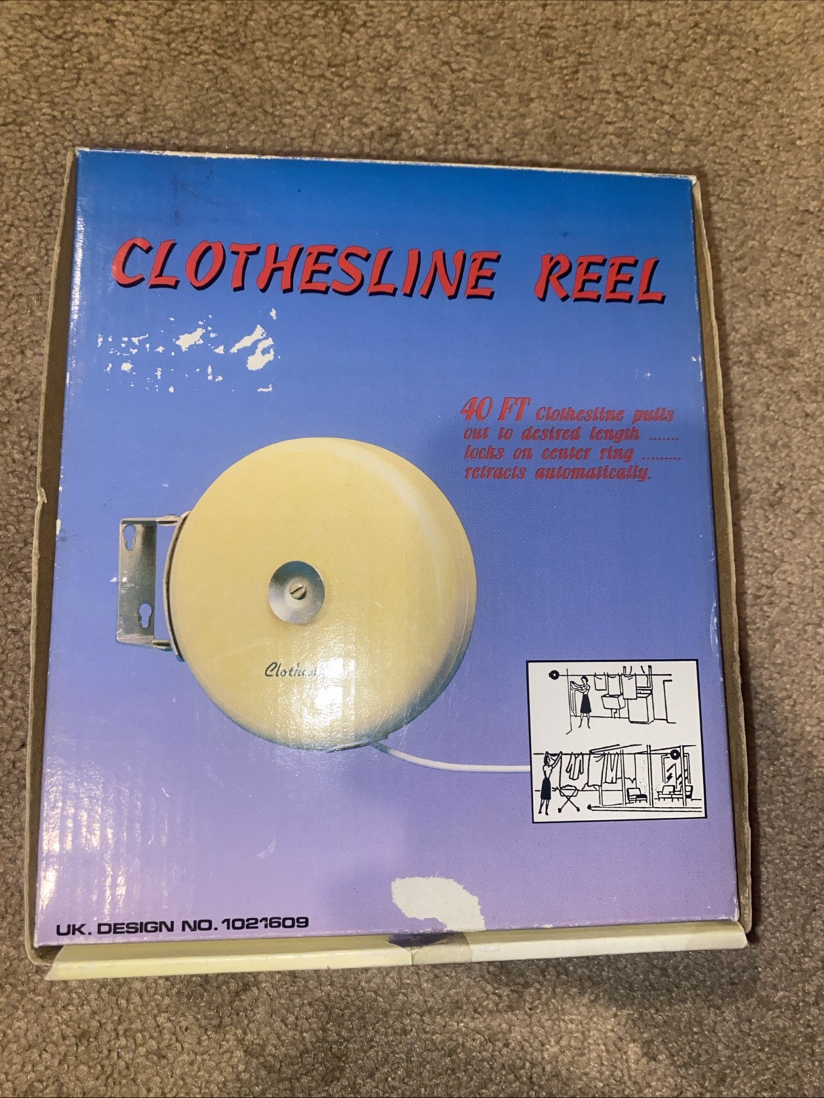 VTG Clothesline Reel 40 Ft Retractable  Bright UK 1021609 NOS