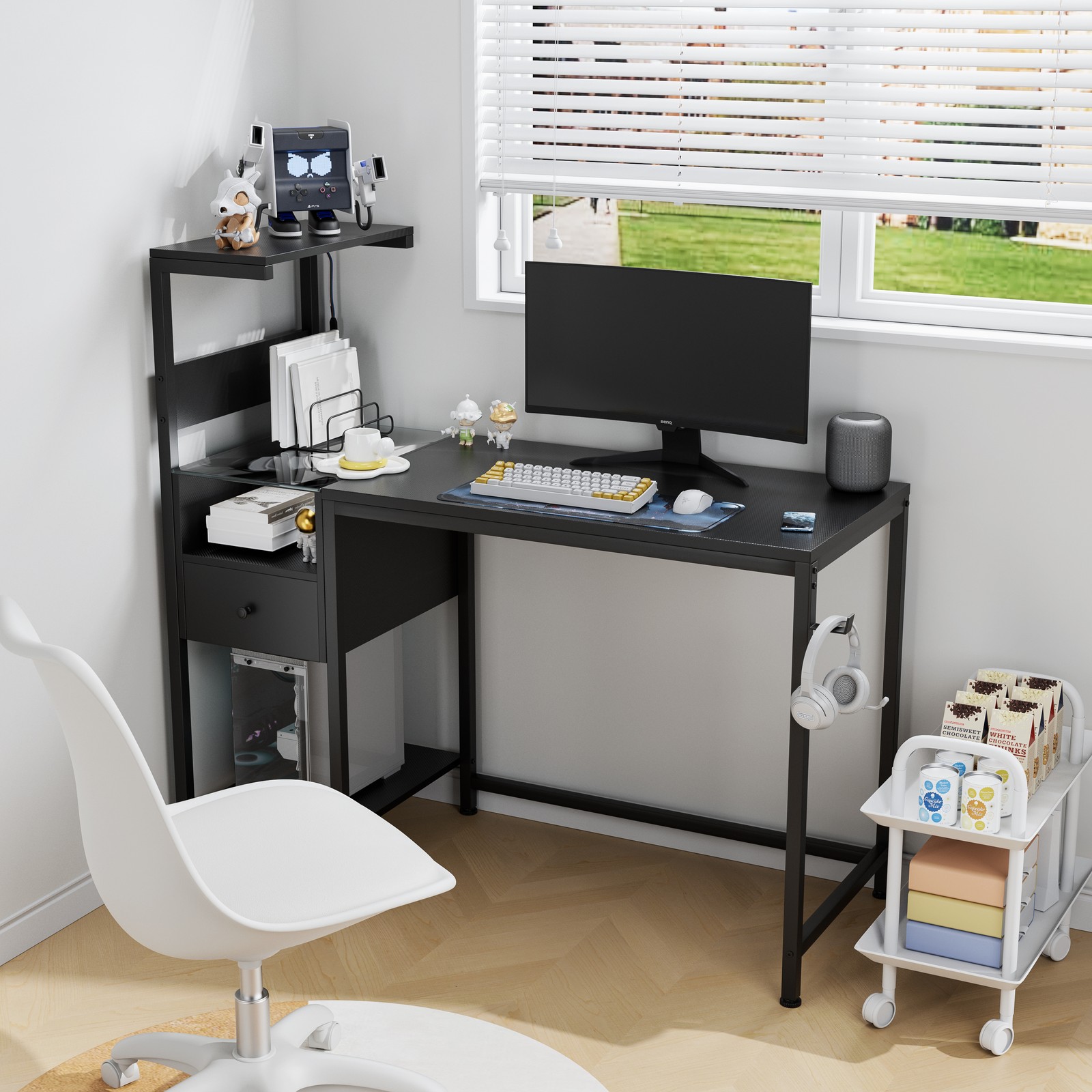 Computer Desk Writing Table PC Desk W/ Power Outlet & Storage Shelves, Black