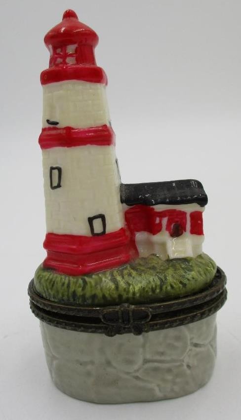 Vtg Hinged Trinket Treasure Box Lighthouse Red White 3.75" tall