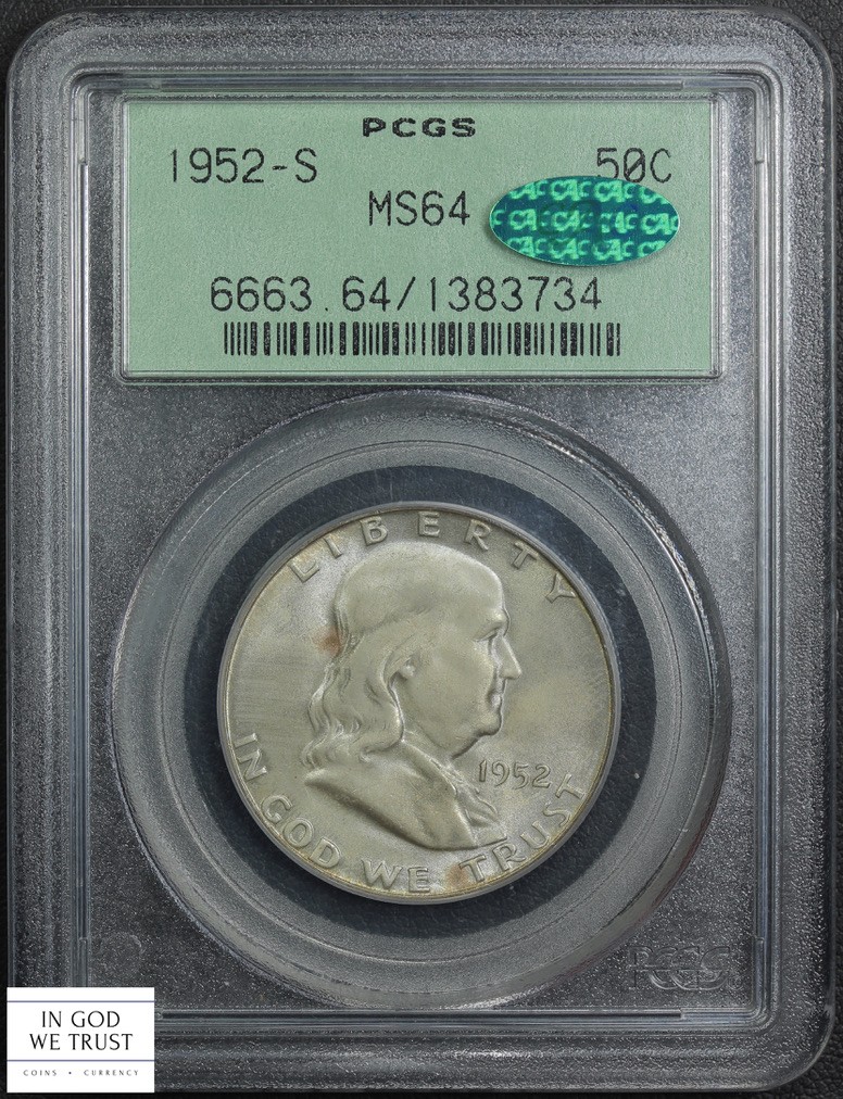 1952 S Franklin Silver Half Dollar 50C OGH Old Green Holder PCGS MS 64 CAC