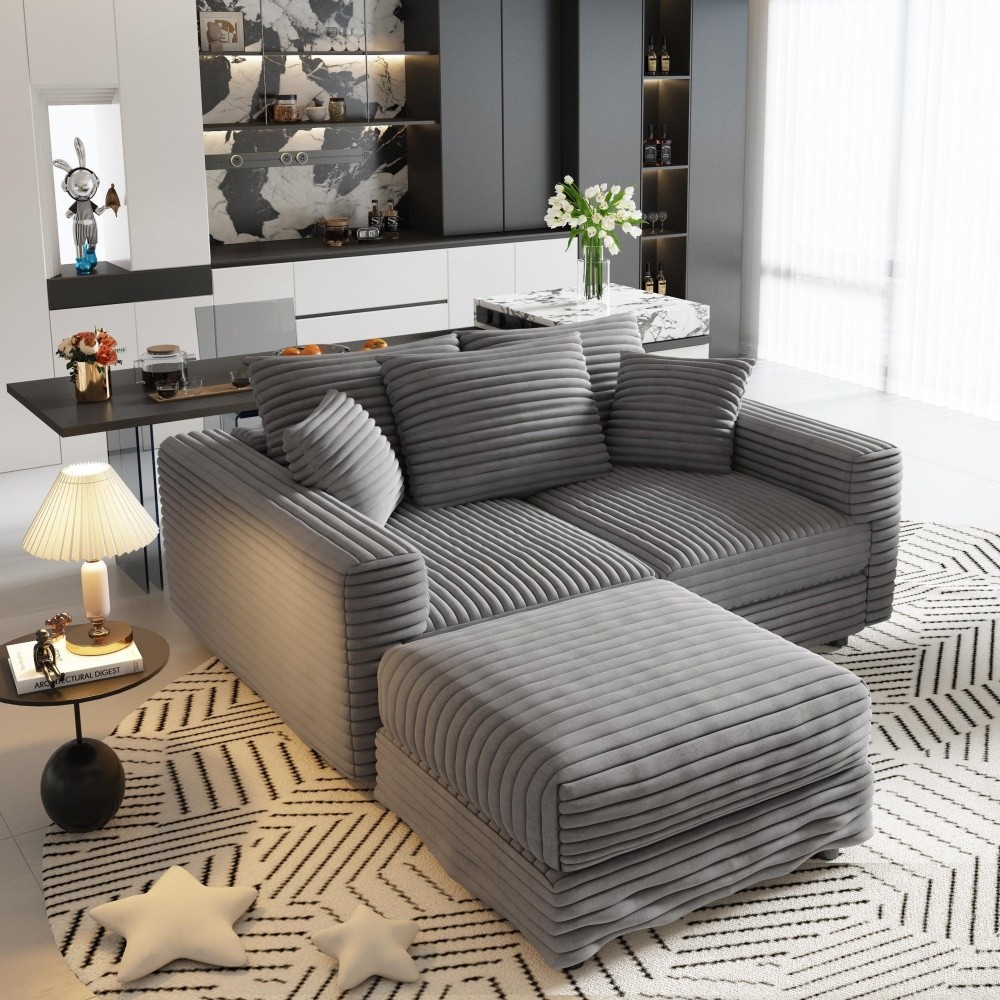 Modern Corduroy 3-Seat Cloud Sofa w/ Ottoman, Deep Seat Chair Grey