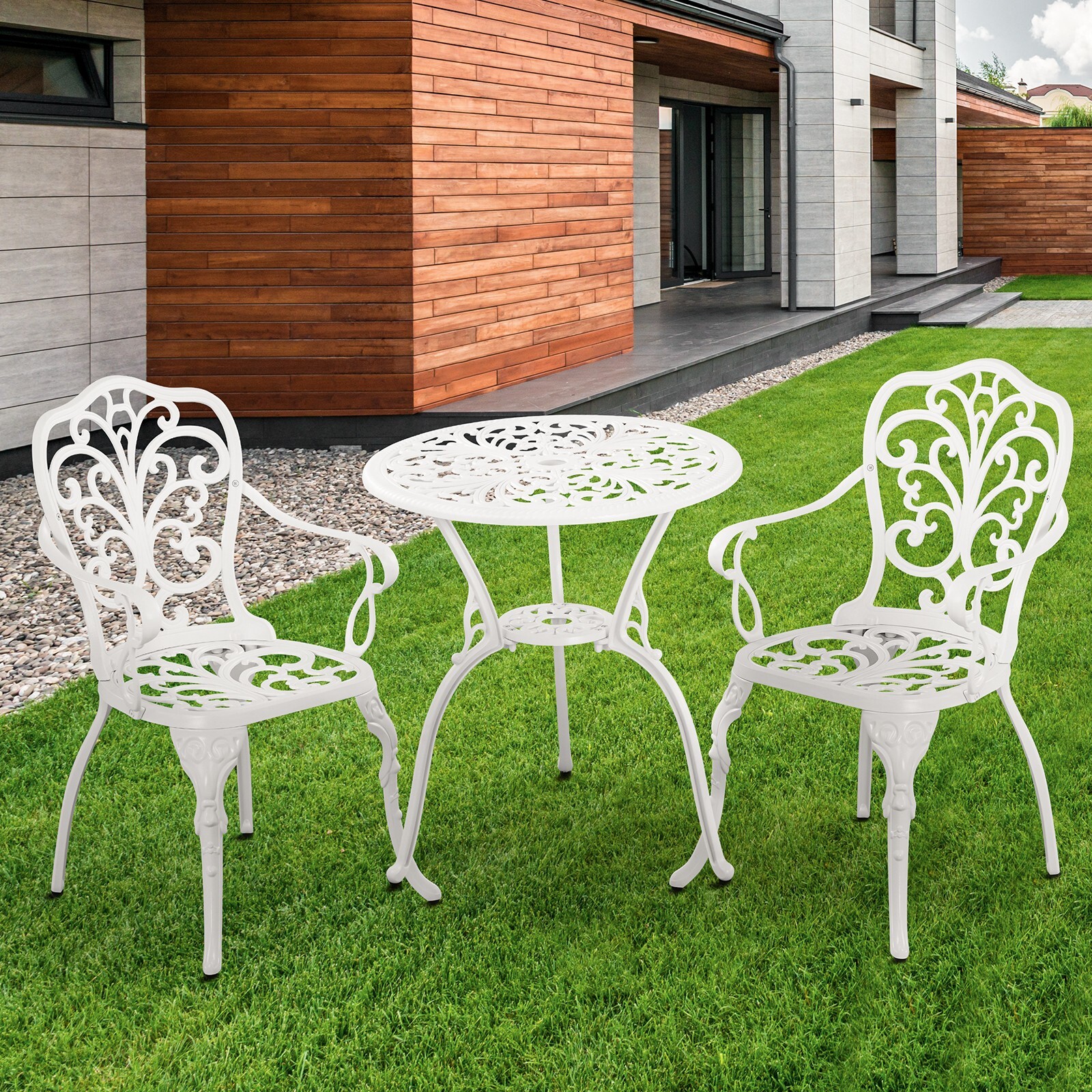 White 3 Piece Patio Set 2 Chairs Bistro Table Outdoor Garden