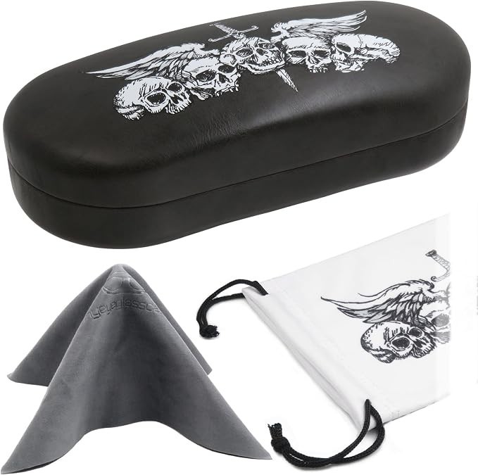NEW Large Sunglasses Case - Glasses Holder with Pouch & Cloth -  Skulls