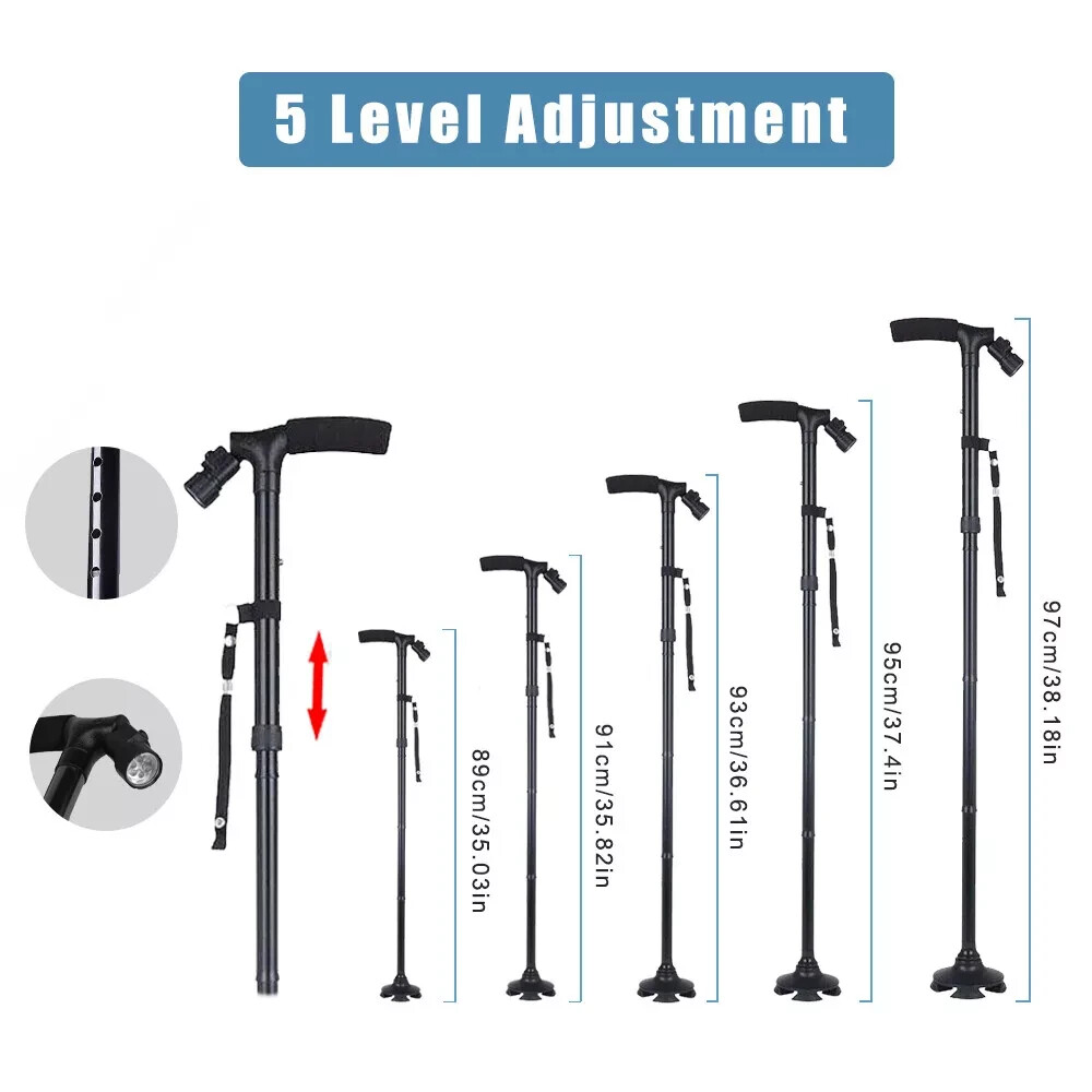 New Folding Walking Cane with LED Light, Adjustable Walking Stick with Carrying