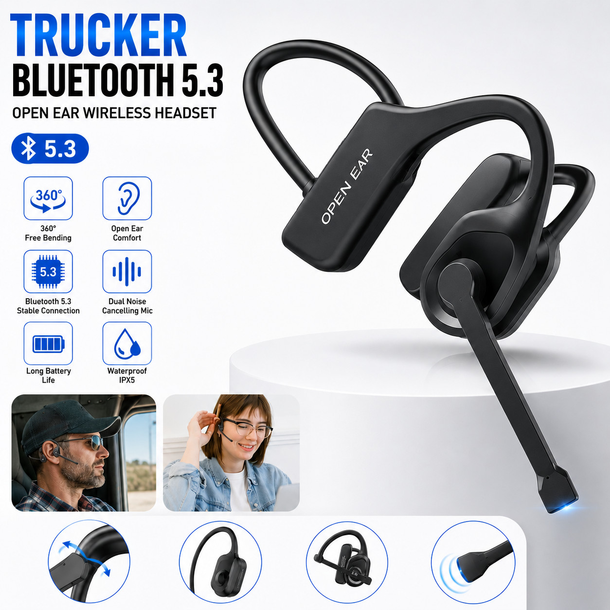 Trucker Bluetooth 5.3 Open Ear Wireless Headset With Dual Noise Cancelling Mic