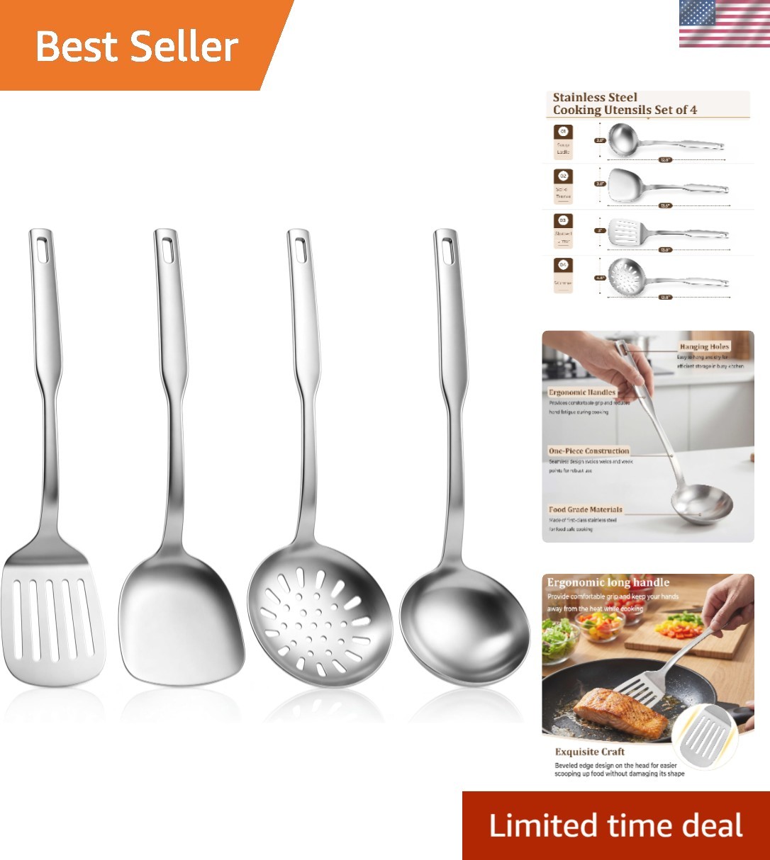 Stainless Steel Cooking Utensils Set, 4 Pieces Kitchen Utensils Set, Heat Res...