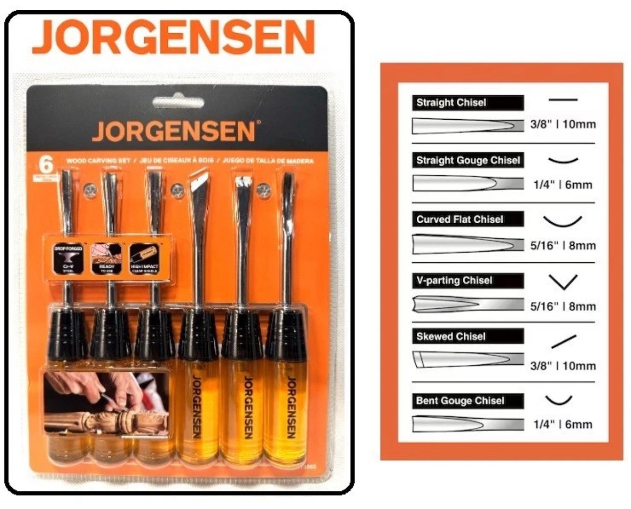 Jorgensen 6 Piece Wood Carving Chisel Set For Wood Carving, High Impact Handles