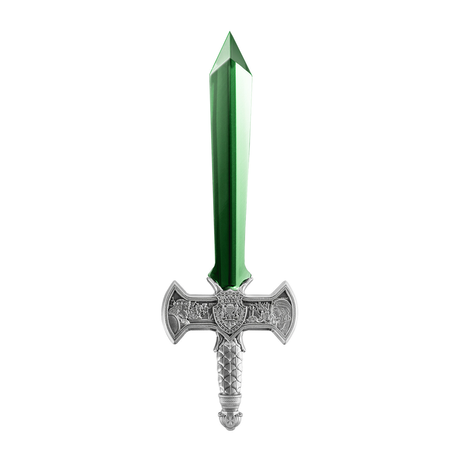 2025 Chad Excalibur with Green Crystal Blade 1 oz Silver Coin Antiqued
