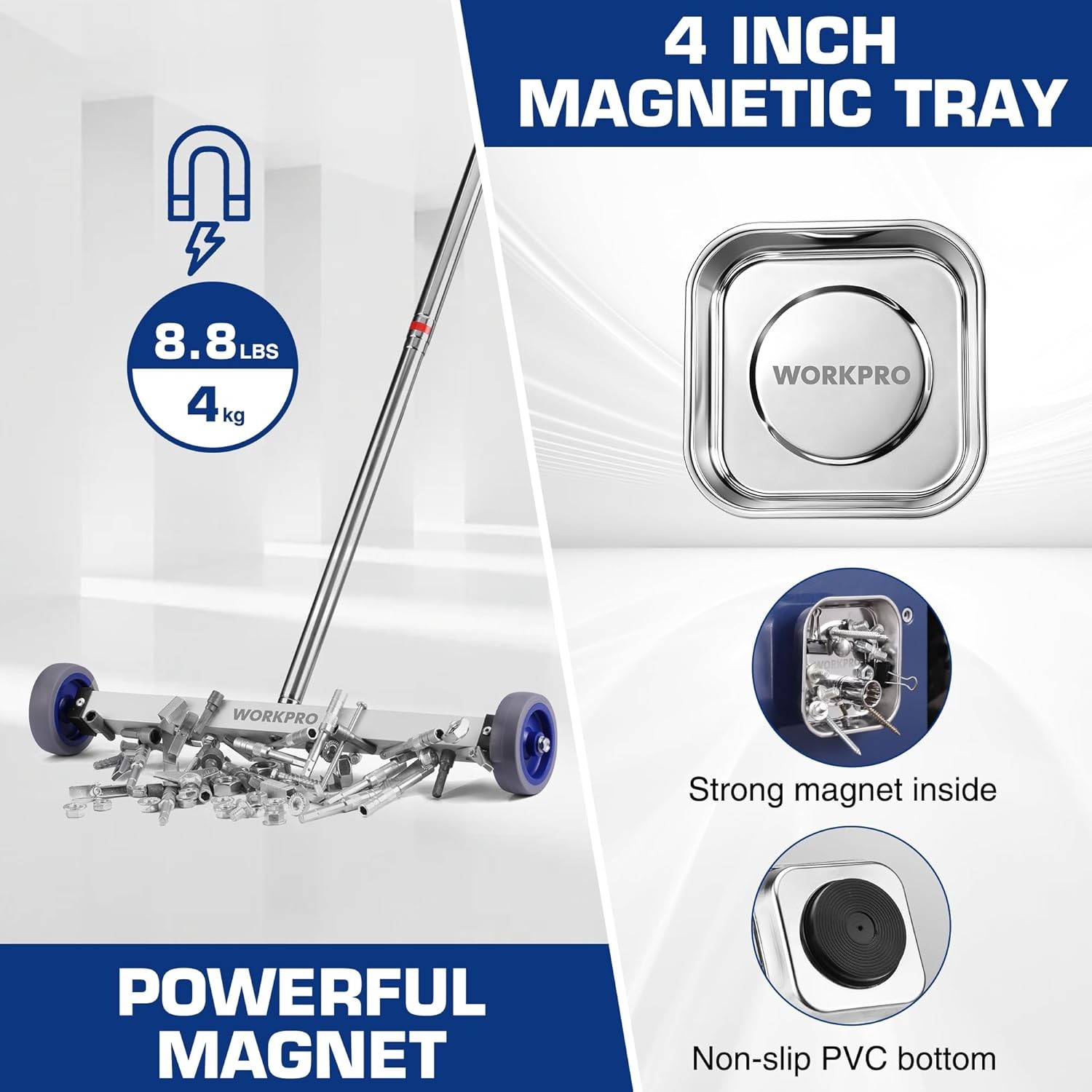 WORKPRO 17" Magnetic Sweeper Telescoping w/Wheel Rolling Sweeper Lawn Yard Grass