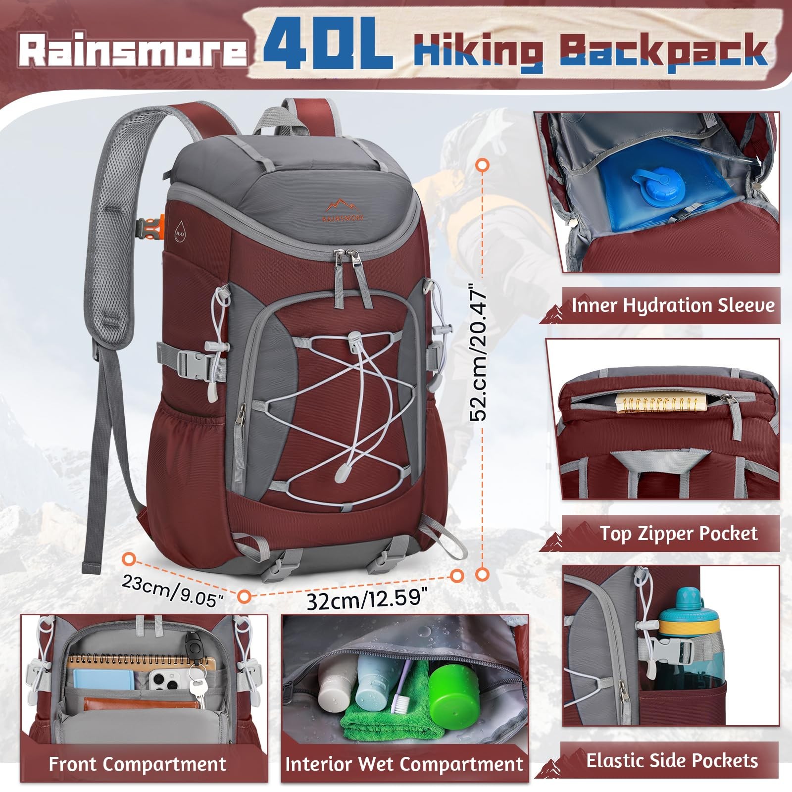 Foldable Hiking Backpack 40L Packable Camping Waterproof Daypack Red Bag