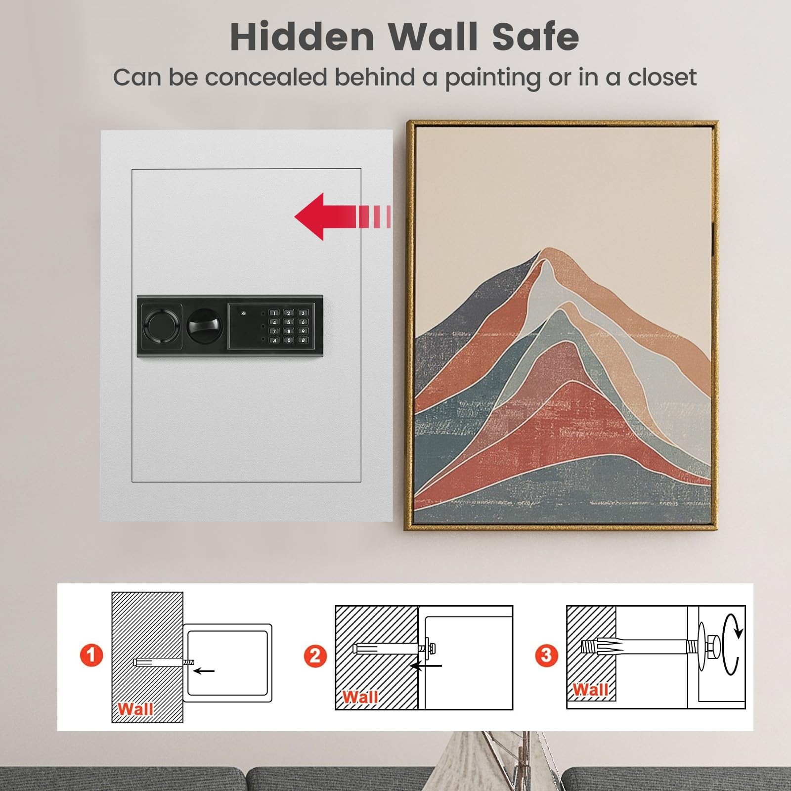Wall Safe, Flat Recessed Hidden Wall Mount Safe Security Box w/LED Lights & D...