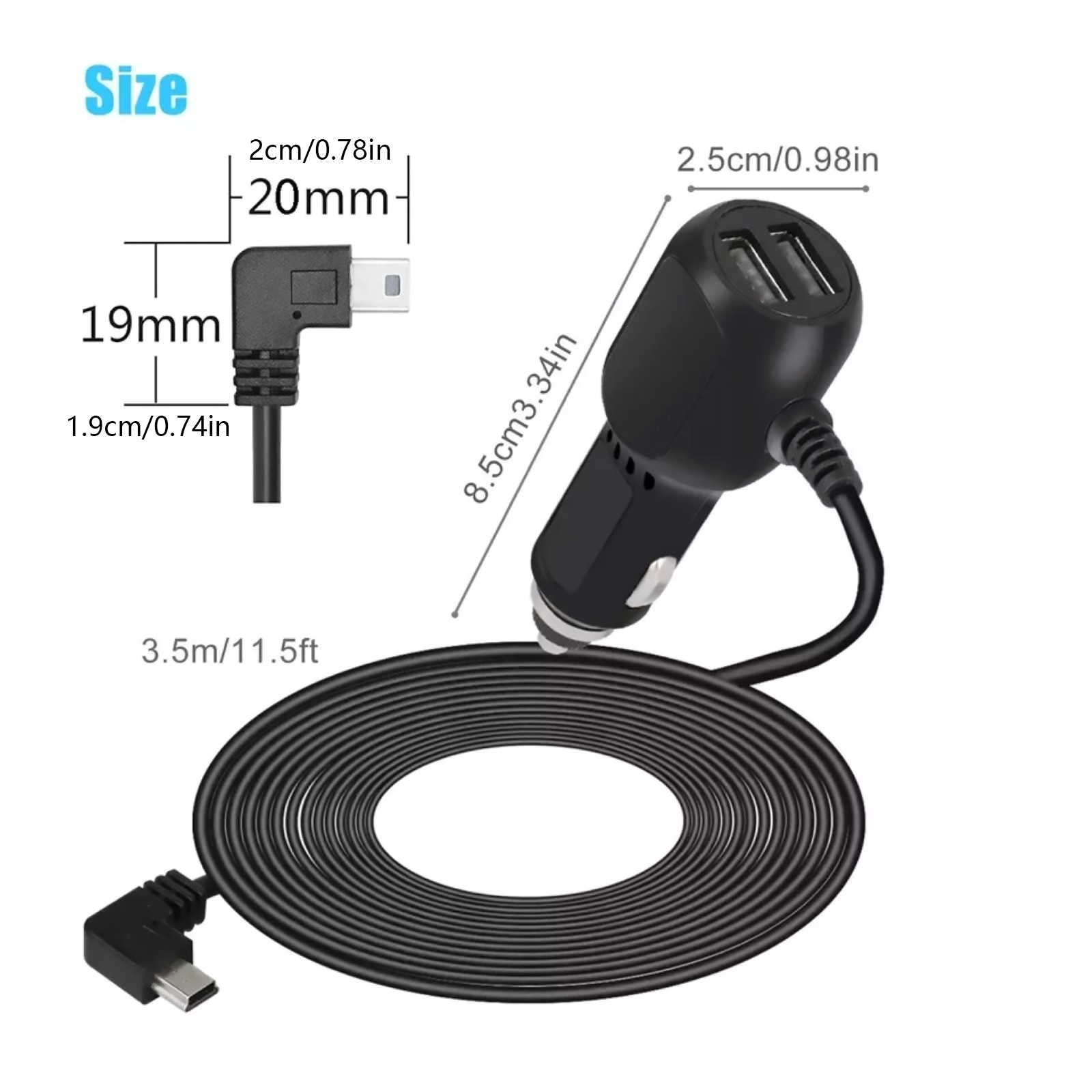 Plastic+Copper Car Charger Cable Power Cord Supply for DVR Camera GPS