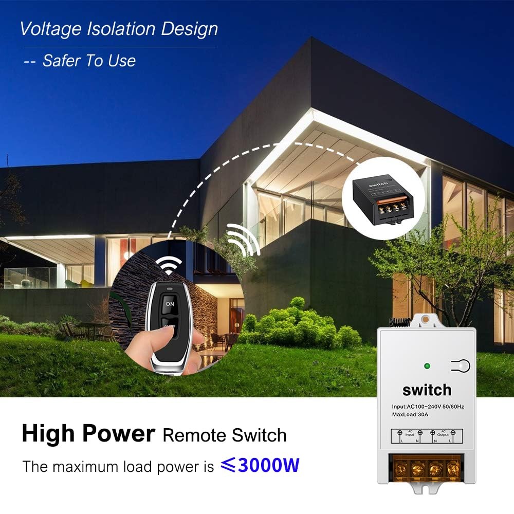 220V Wireless Remote Switch with 30A Relay, 328ft Long Range 84*54*28, Black