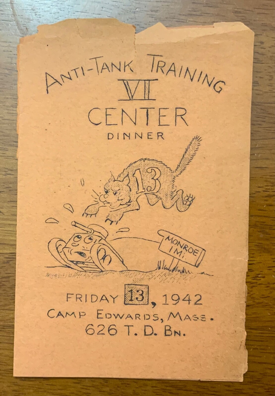 WWII 1942 Army 626th Tank Destroyer Bn. Camp Edwards, Mass. Menu & Roster
