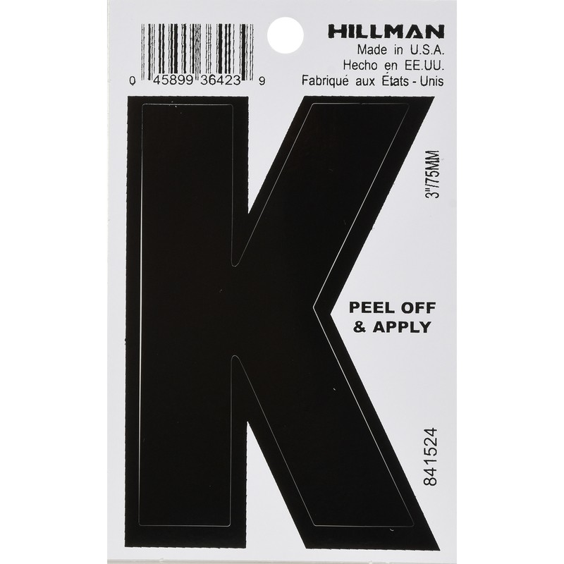 Hillman 3 in. Black Vinyl Self-Adhesive Letter K 1 pc (6-PACK)