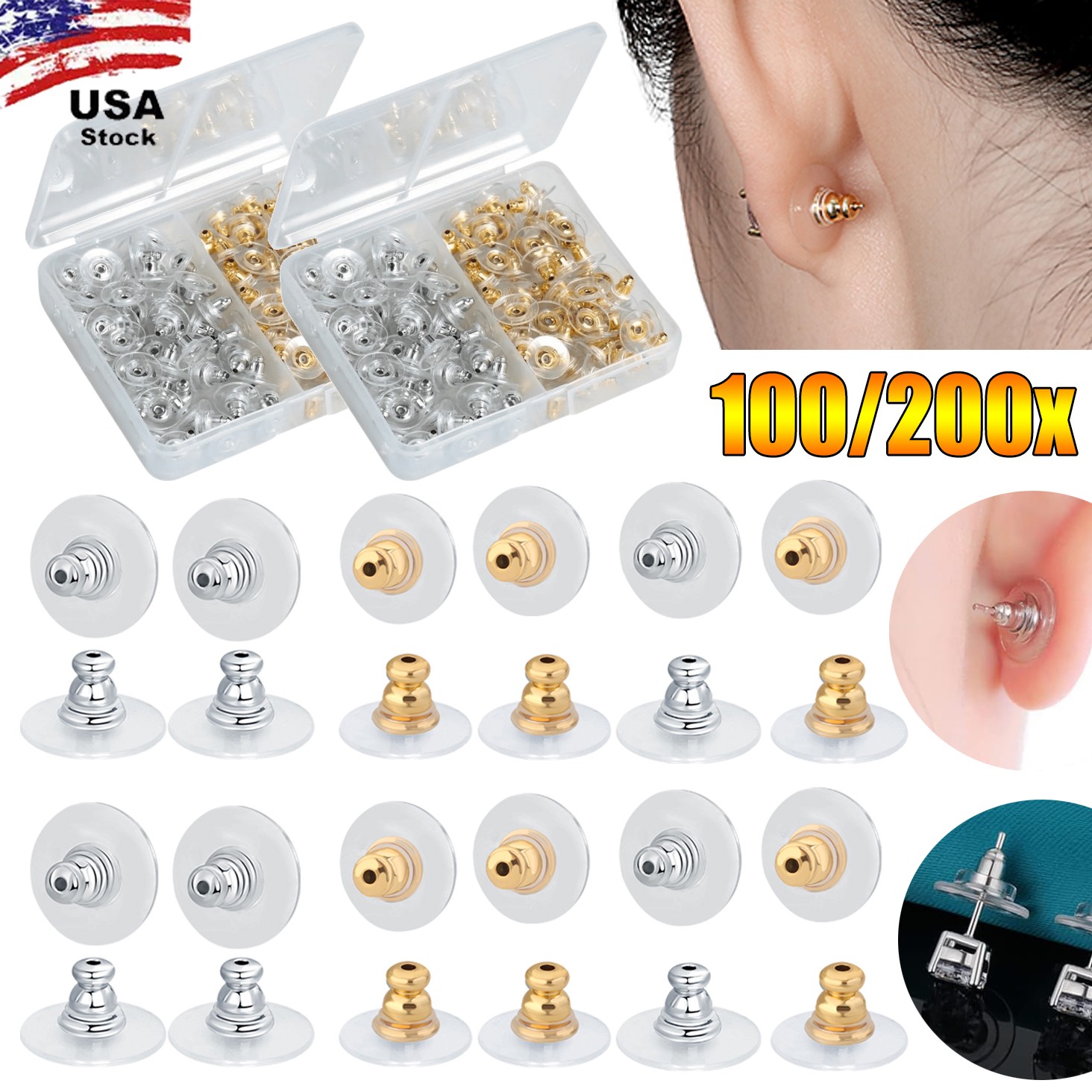 Gold/Silver Locking Earring Backs for Studs Droopy Ears Heavy Earrings Unisex US