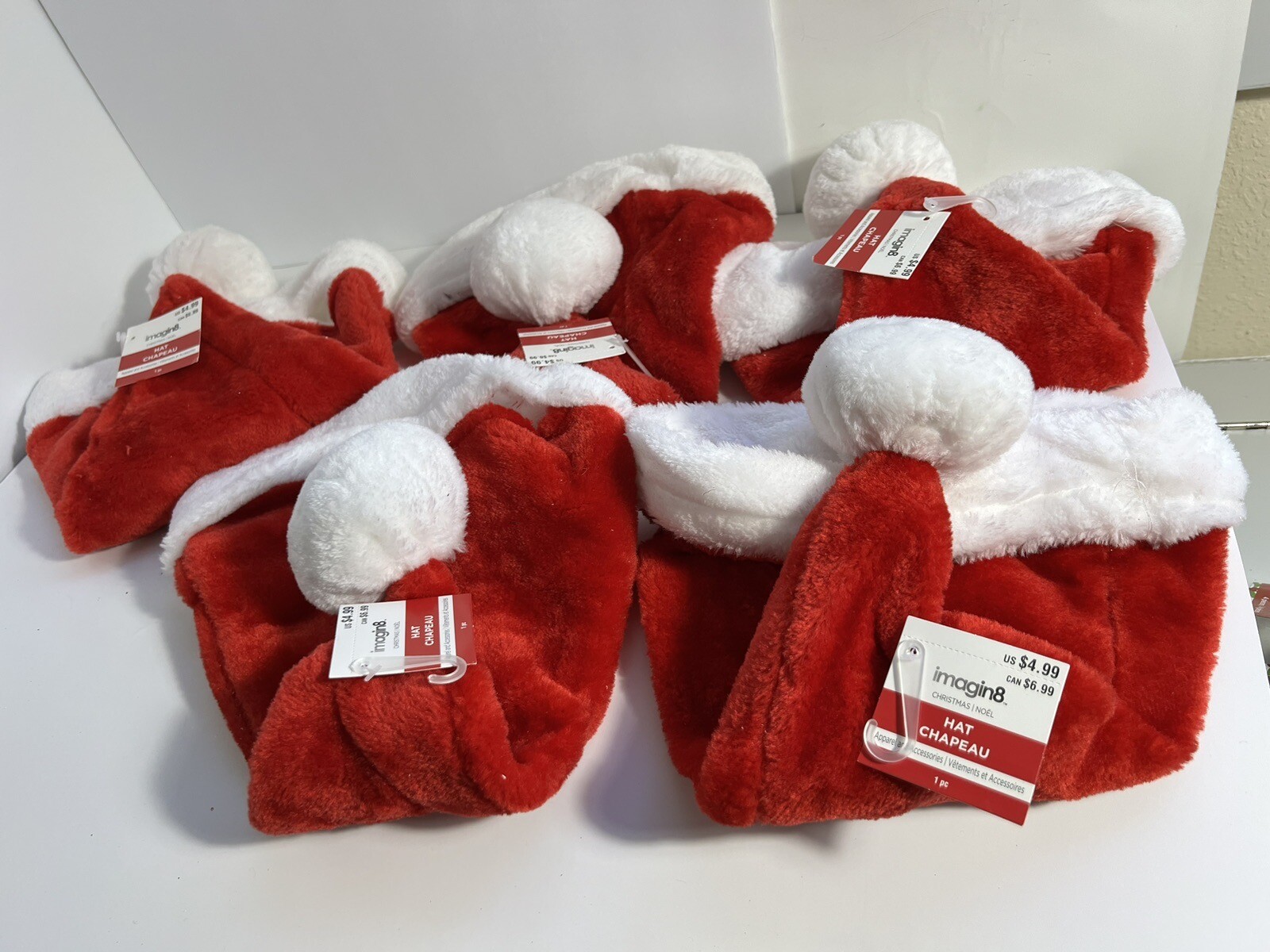 Plush Red & White Santa Hat Christmas Noel Unisex Adult by Imagin8 LOT of 5 Pcs