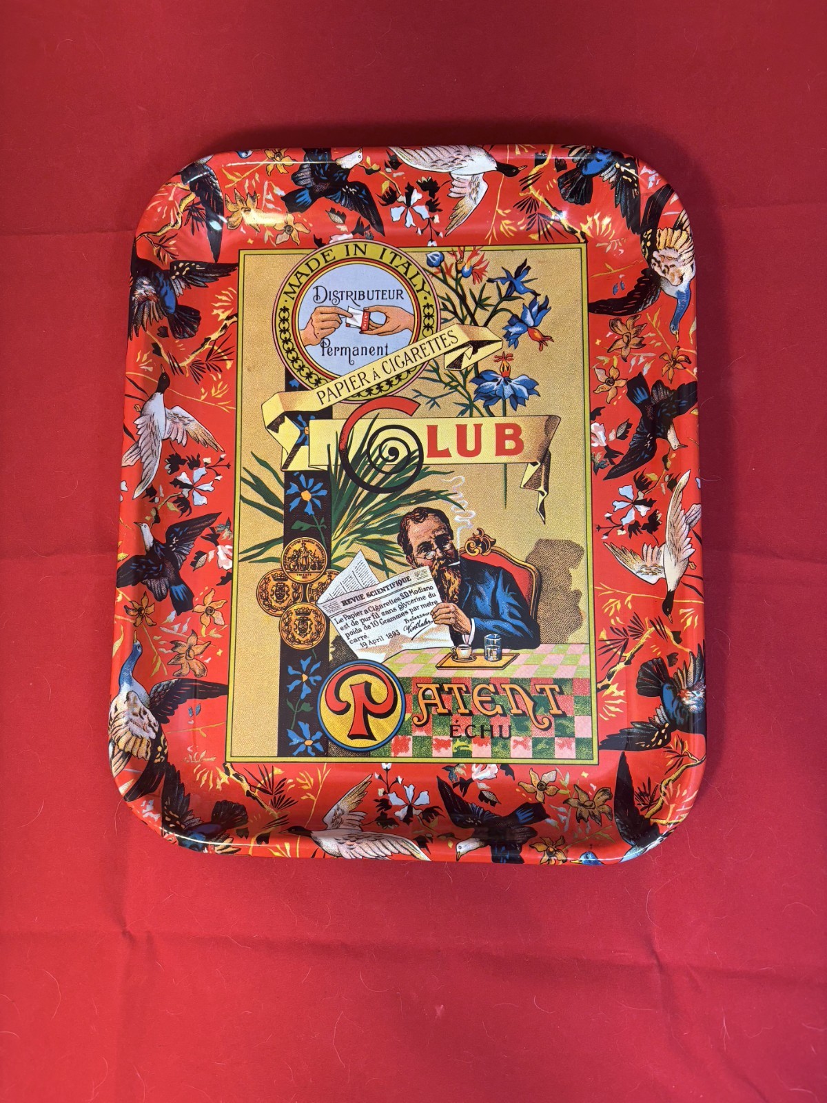 Club Papier a Cigarettes Rolling Tray Patent Echu Red Metal Collectible