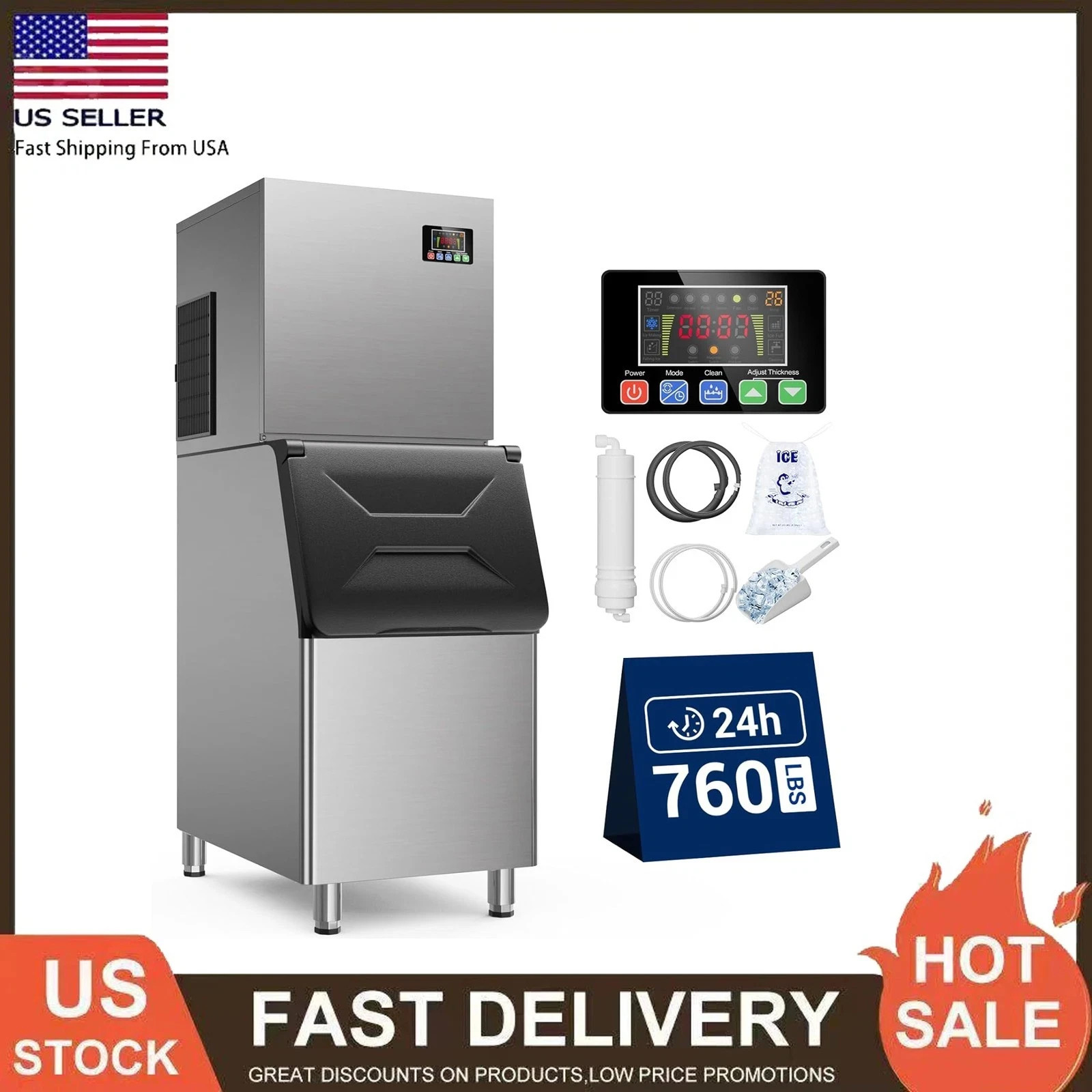 760lbs/24H Commercial Ice Maker Machine Good Compressor with 560lbs Storage Bin
