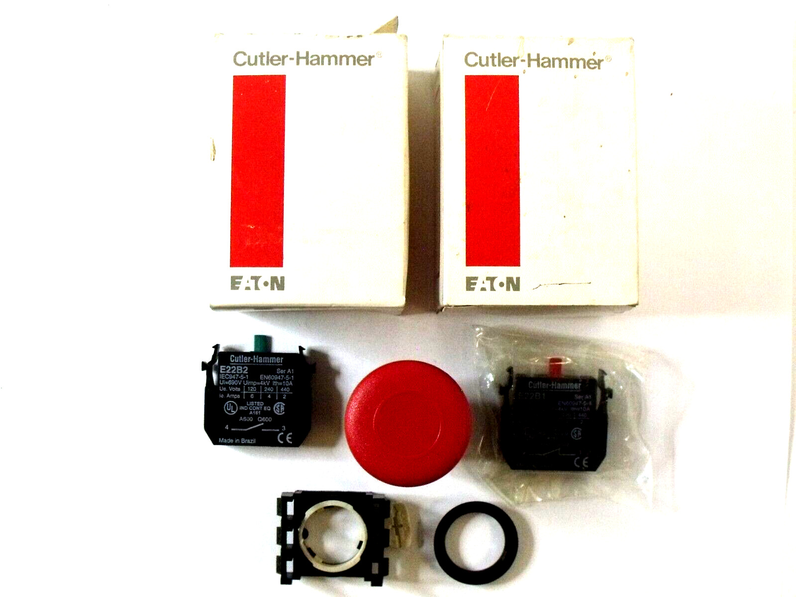 (2) NIB Cutler Hammer E22LB2B Red Emergency Stop Mushroom Pushbuttons:  40mm, NC