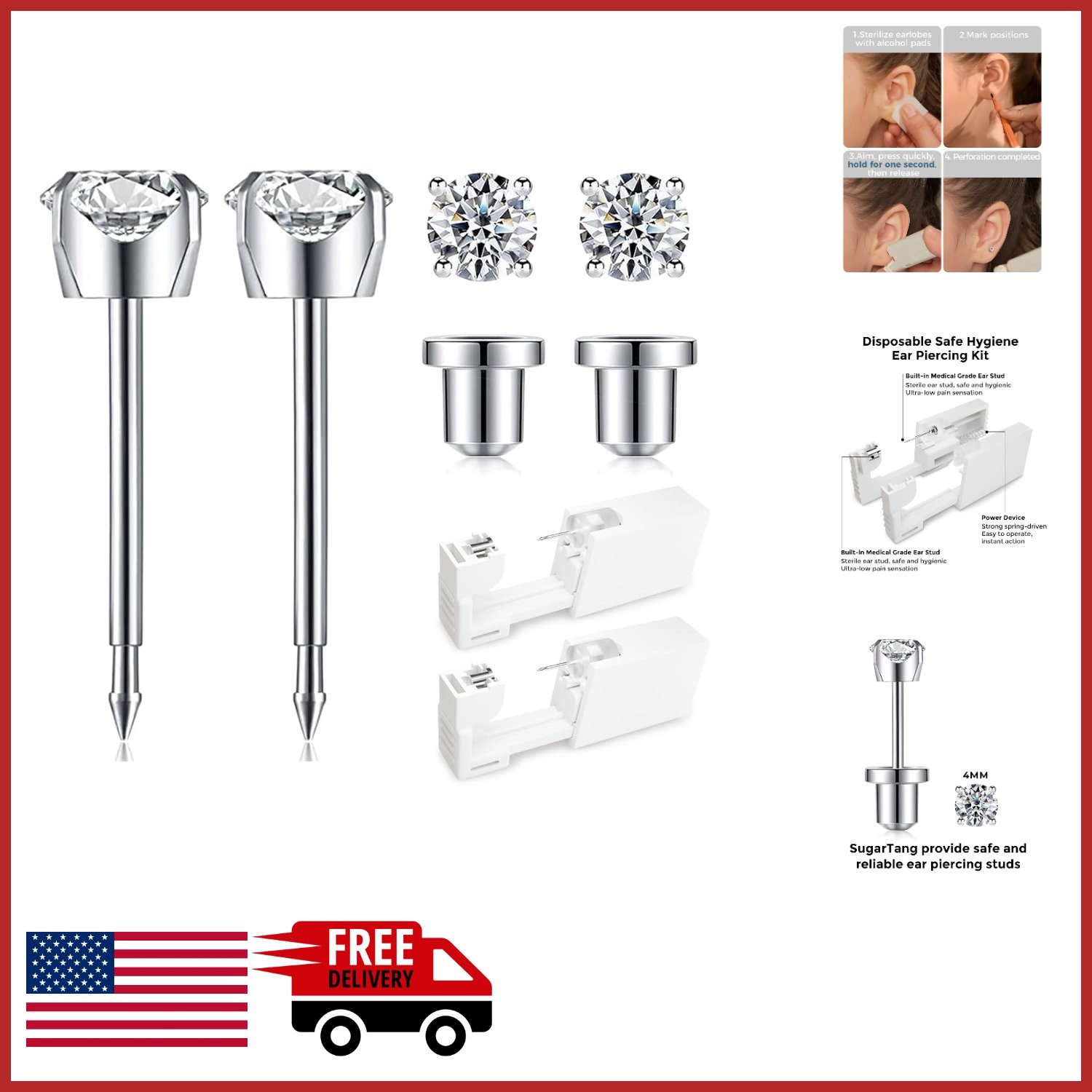 Disposable Ear Piercing Gun Kit with 4mm Surgical Steel Earrings for Men & Women