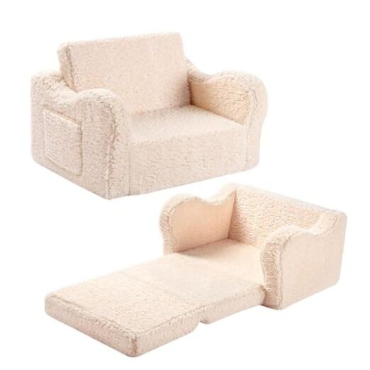 Kids Sofa, 2-in-1 Flip-Out Foam Couch with Soft Sherpa Cover, Cozy Medium Cream