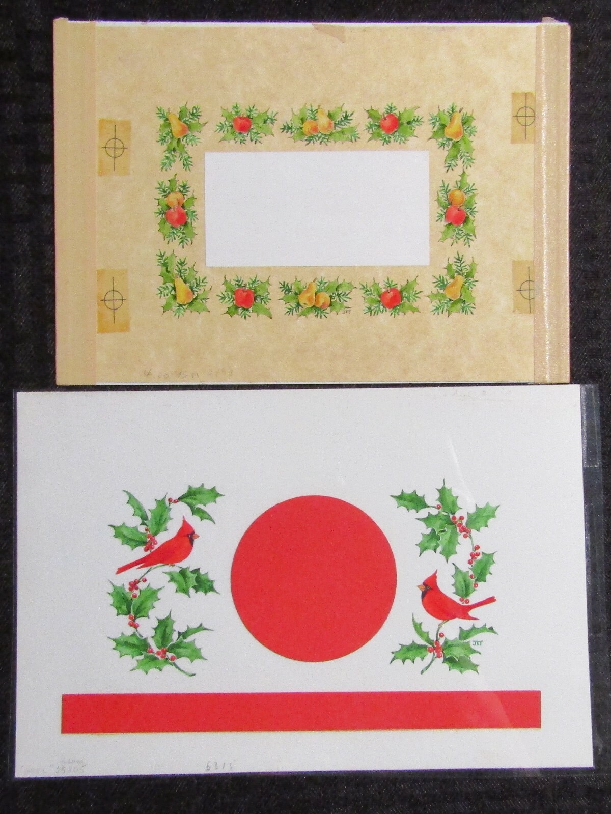 MERRY CHRISTMAS Fruit with Cardinals & Holly 9x6" Greeting Card Art LOT of 2