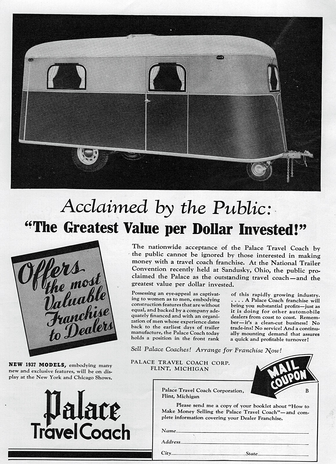 1936 Palace Travel Coach Camping Trailer Original Print Ad