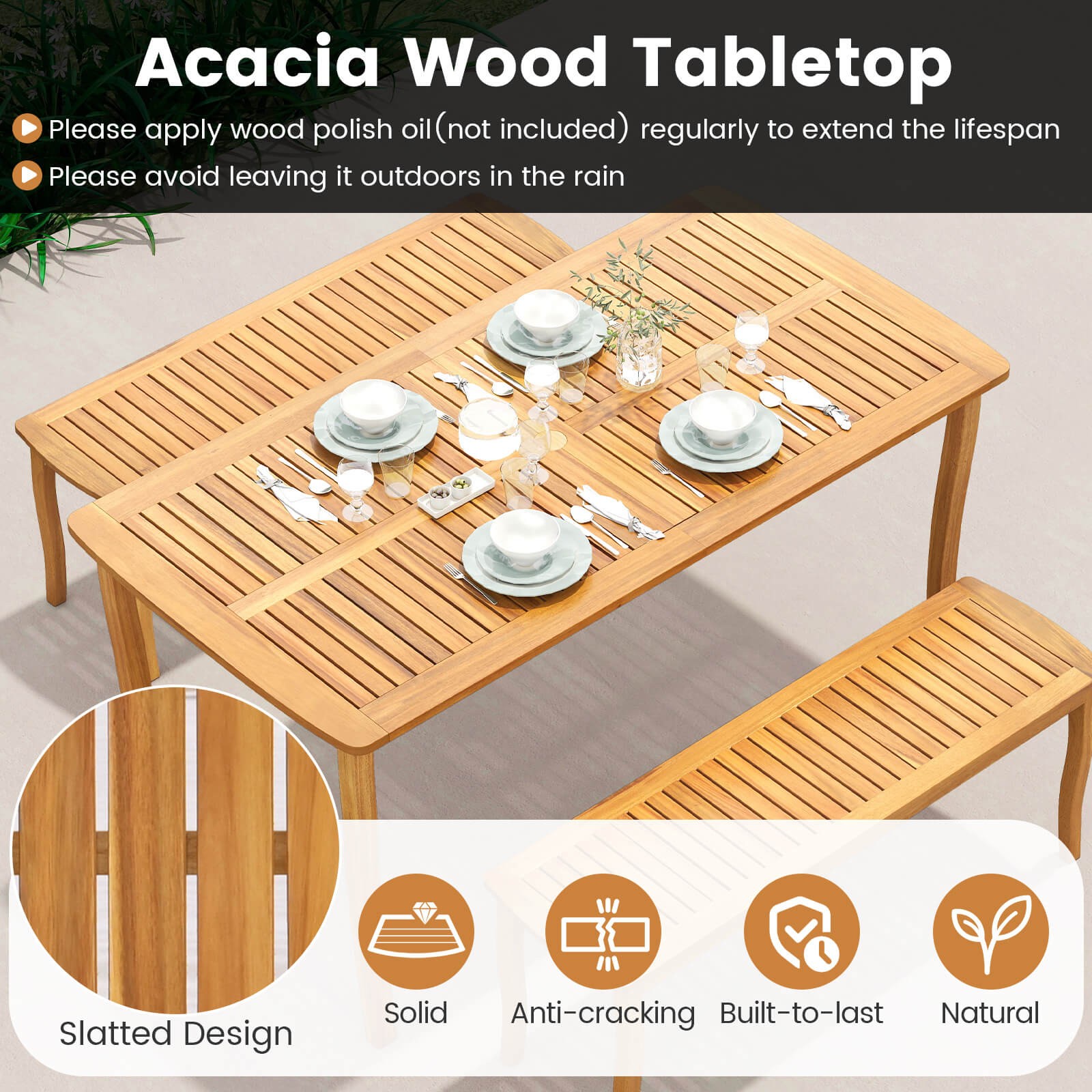 63" Outdoor Dining Table with Umbrella Hole Slatted Tabletop for Backyard
