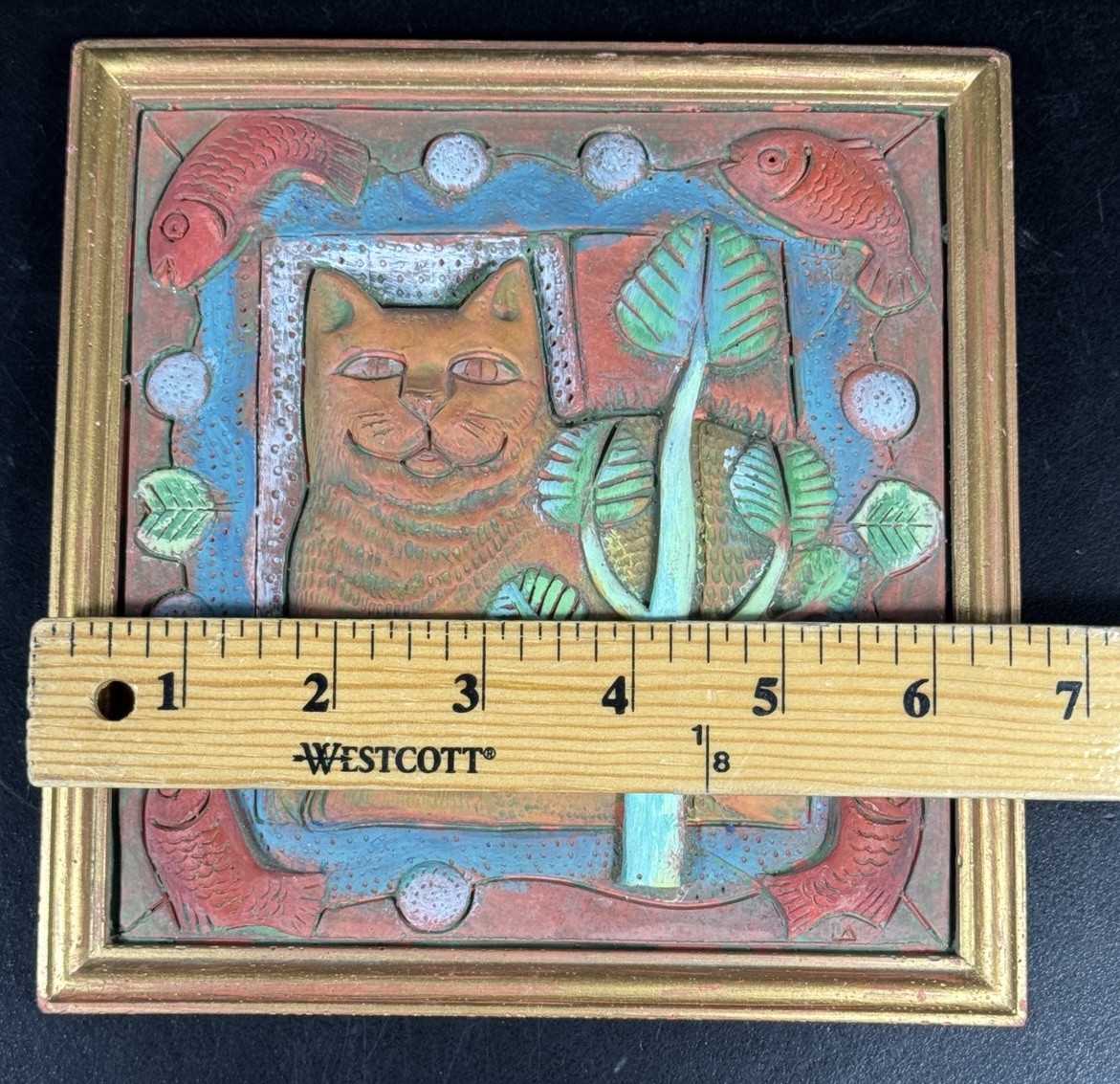 Vintage Cat Tile 3-D Art Atomic Mod Stamped By Maker Must See