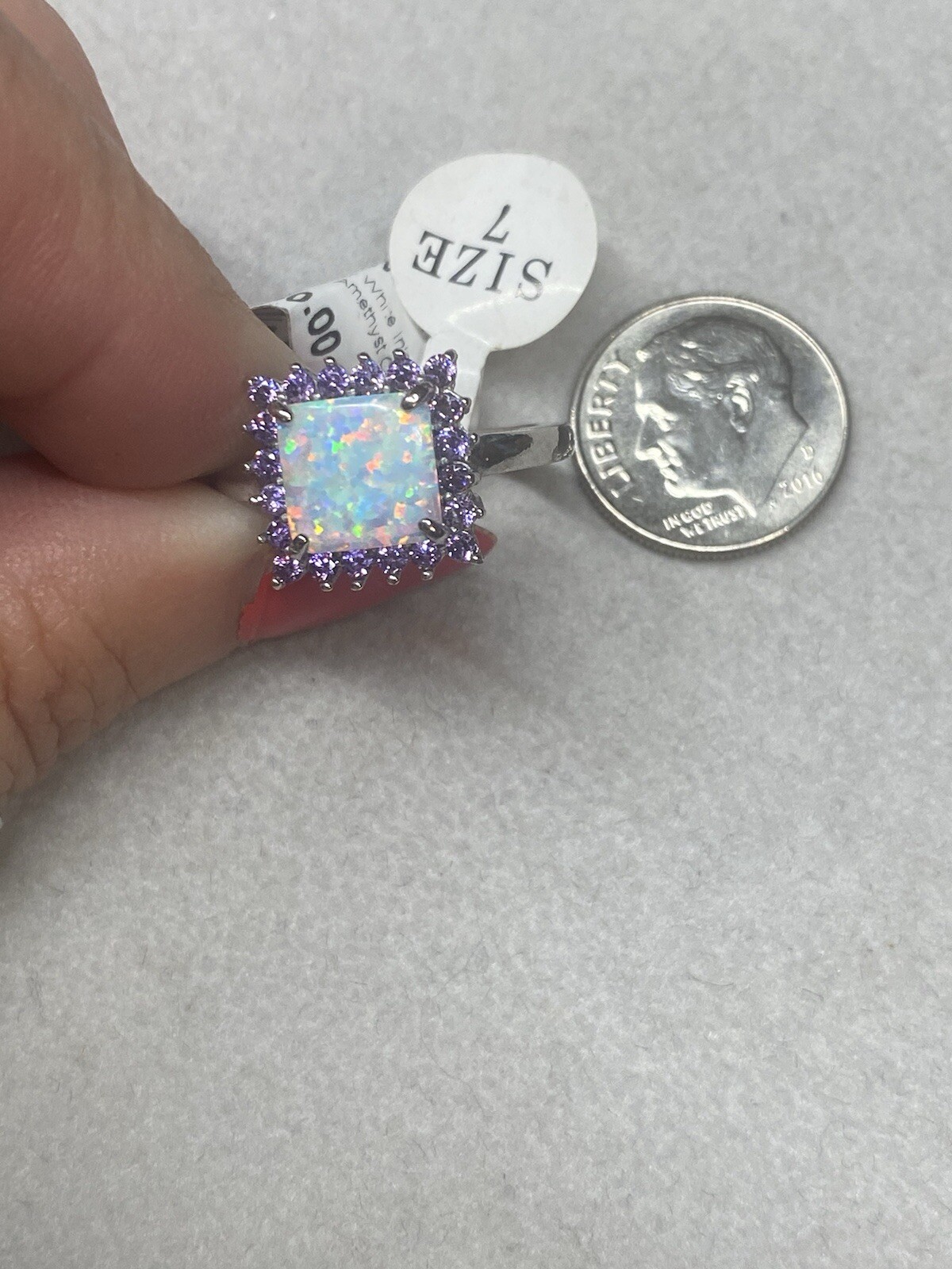 Sterling Silver Created Opal And Amethyst CZ Ring Rhodium Plated