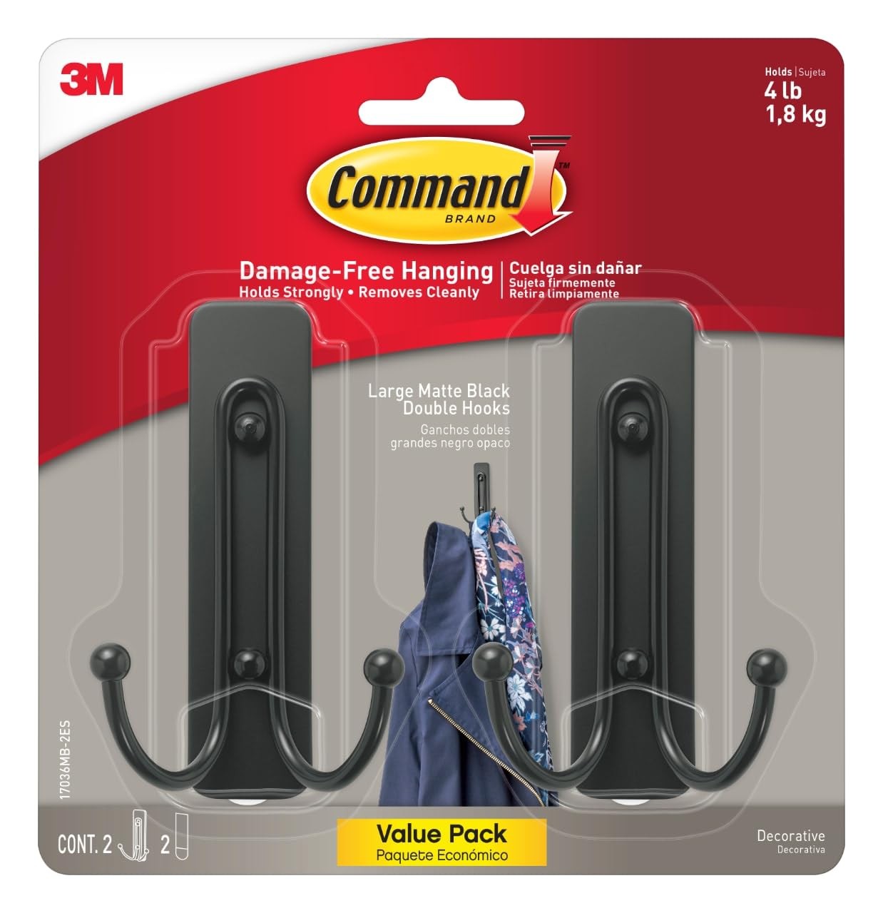 Command Large Matte Black Double Hooks, 2 Hooks and 2 Large,