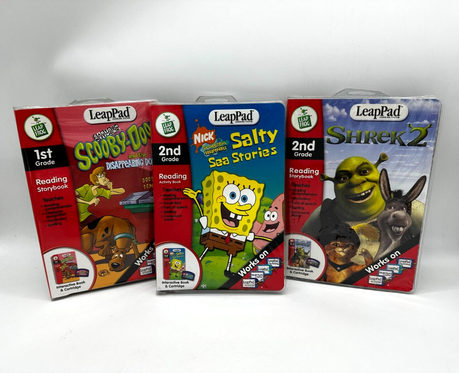 Lot 3 NEW Leap Frog Interactive Book & Cartridge SpongeBob, Scooby-Doo, Shrek 2