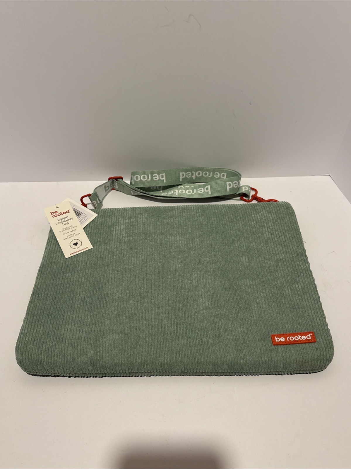 Be Rooted 14 Inch Laptop Bag with Adjustable strap Sage Green Corduroy Fabric