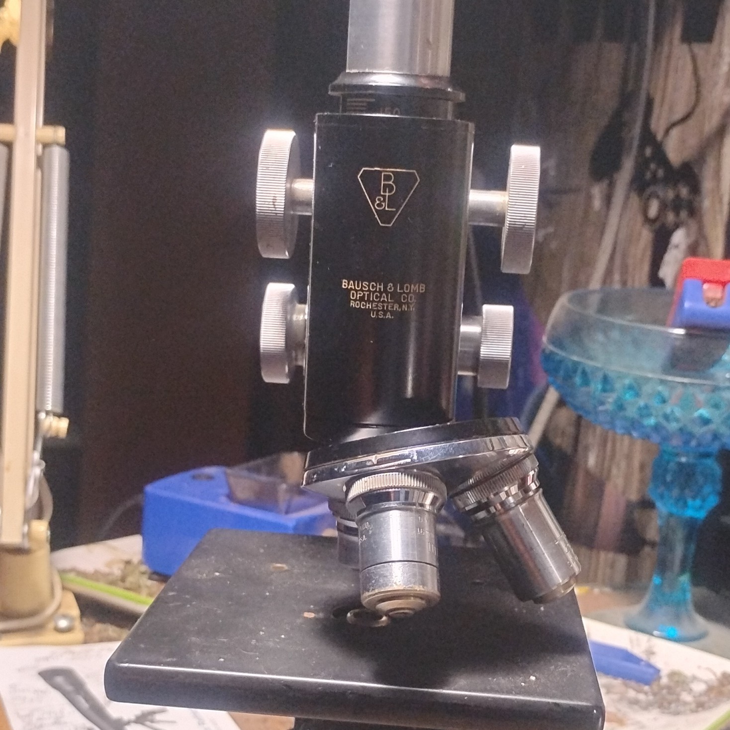 Bausch & Lomb Optical Co. Microscope w/ Wooden Case Rochester N.Y. U.S.A.