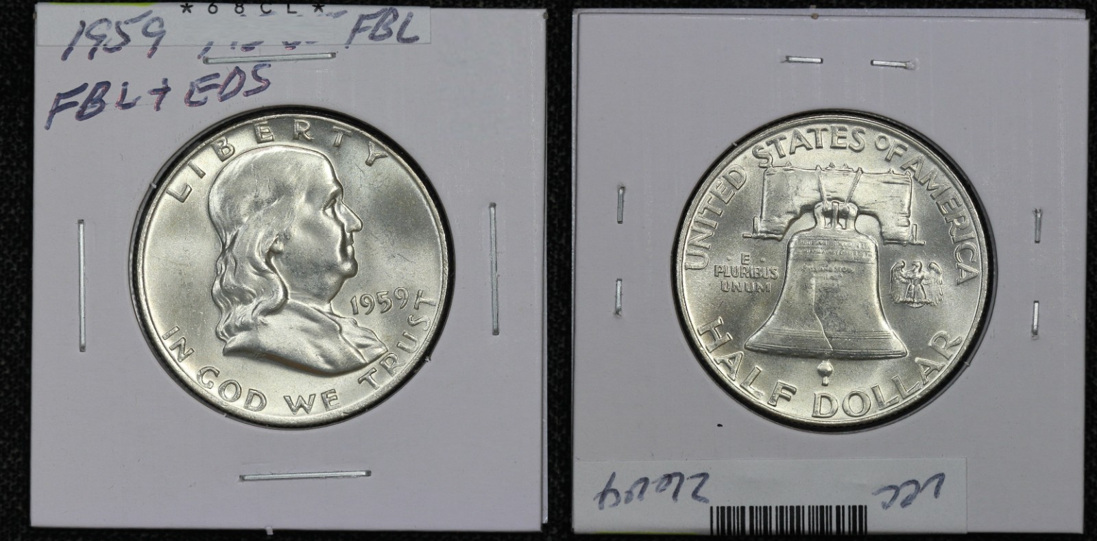 1959 Franklin Half Dollar Full Bell Lines Early Die State 68CL