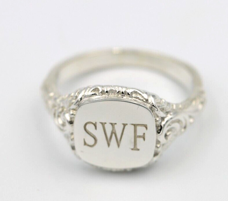 Size W Genuine Solid Sterling Silver Square Engraved Signet Ring + Engraving
