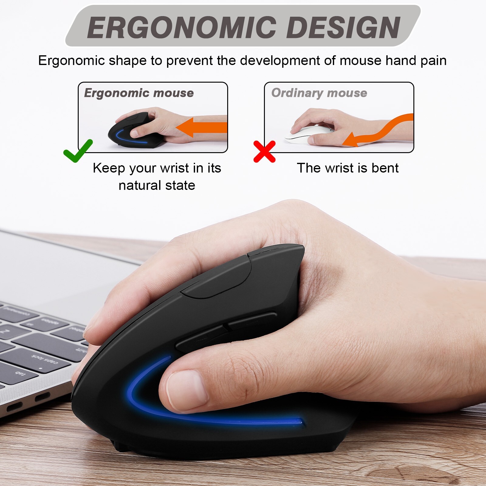 Rechargeable Ergonomic Mouse, Wireless & Bluetooth Vertical Mouse Multi-Purpose