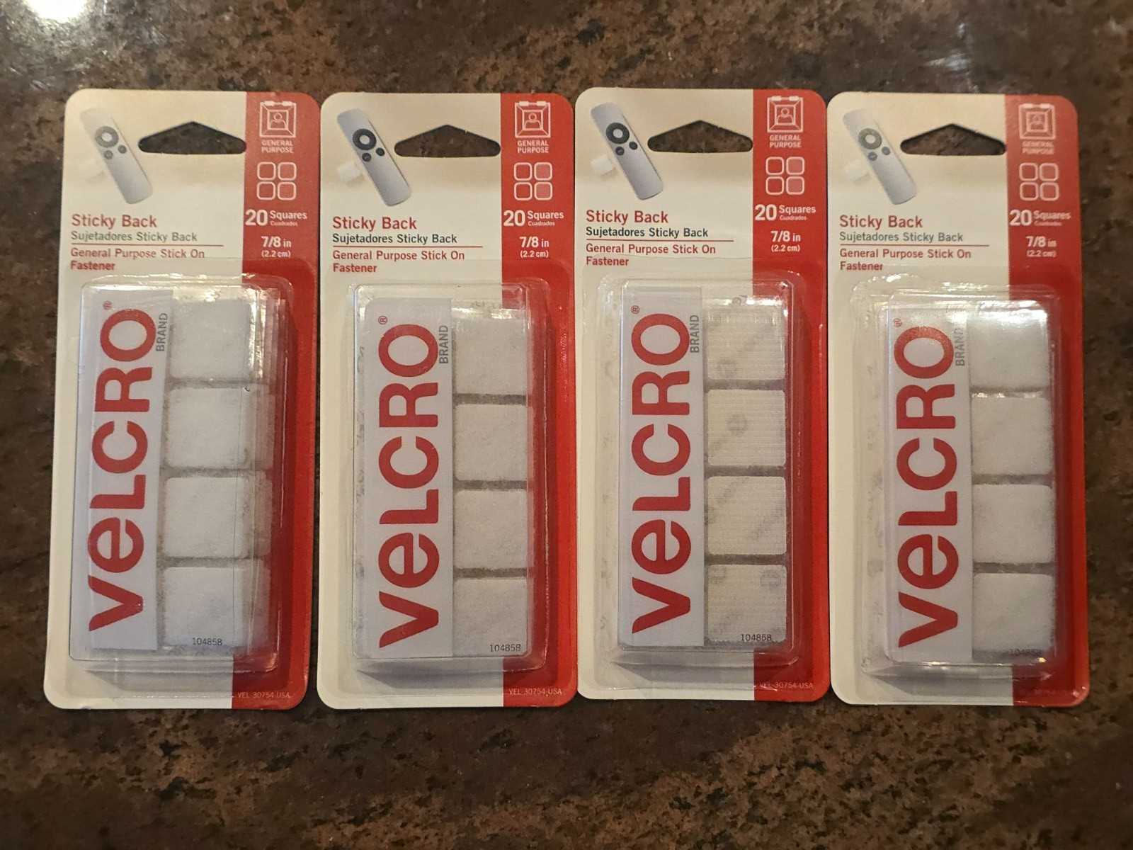 Lot of 4 VELCRO VEL-30754  Sticky Back 7/8 in. Squares, White 20-Pack (80 total)
