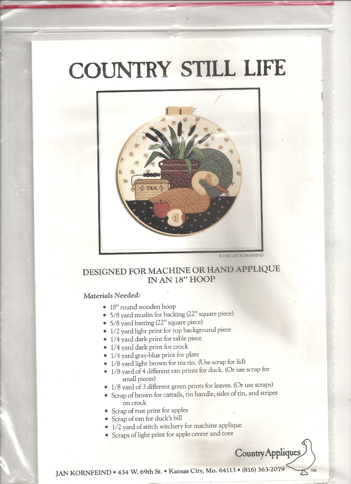 COUNTRY APPLIQUES COUNTRY STILL LIFE BY JAN KORNFEIND SEWING PATTERN ©1982