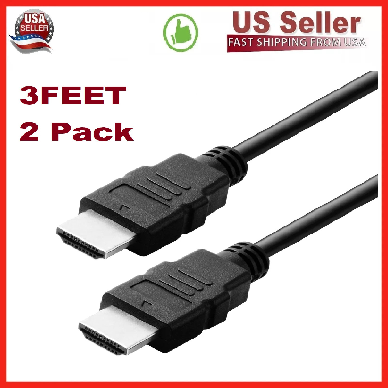 2 Pack  Digital High-Speed 1.4 HDMI Cable PVC 2160p Black Cord (3 feet) Black