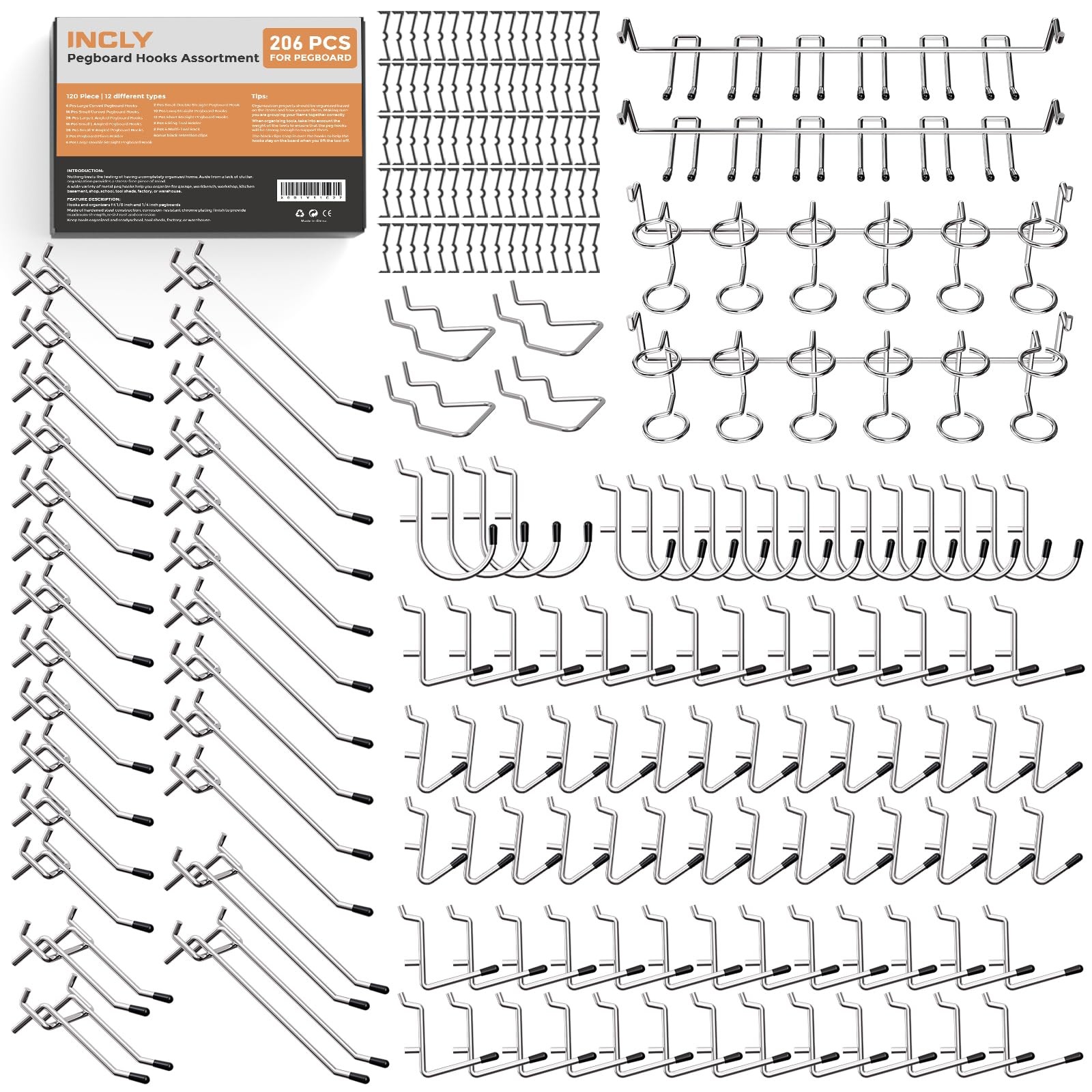 INCLY Pegboard Hooks Set for Hanging Tools 206PCS Heavy Duty Peg Hook Hanger ...